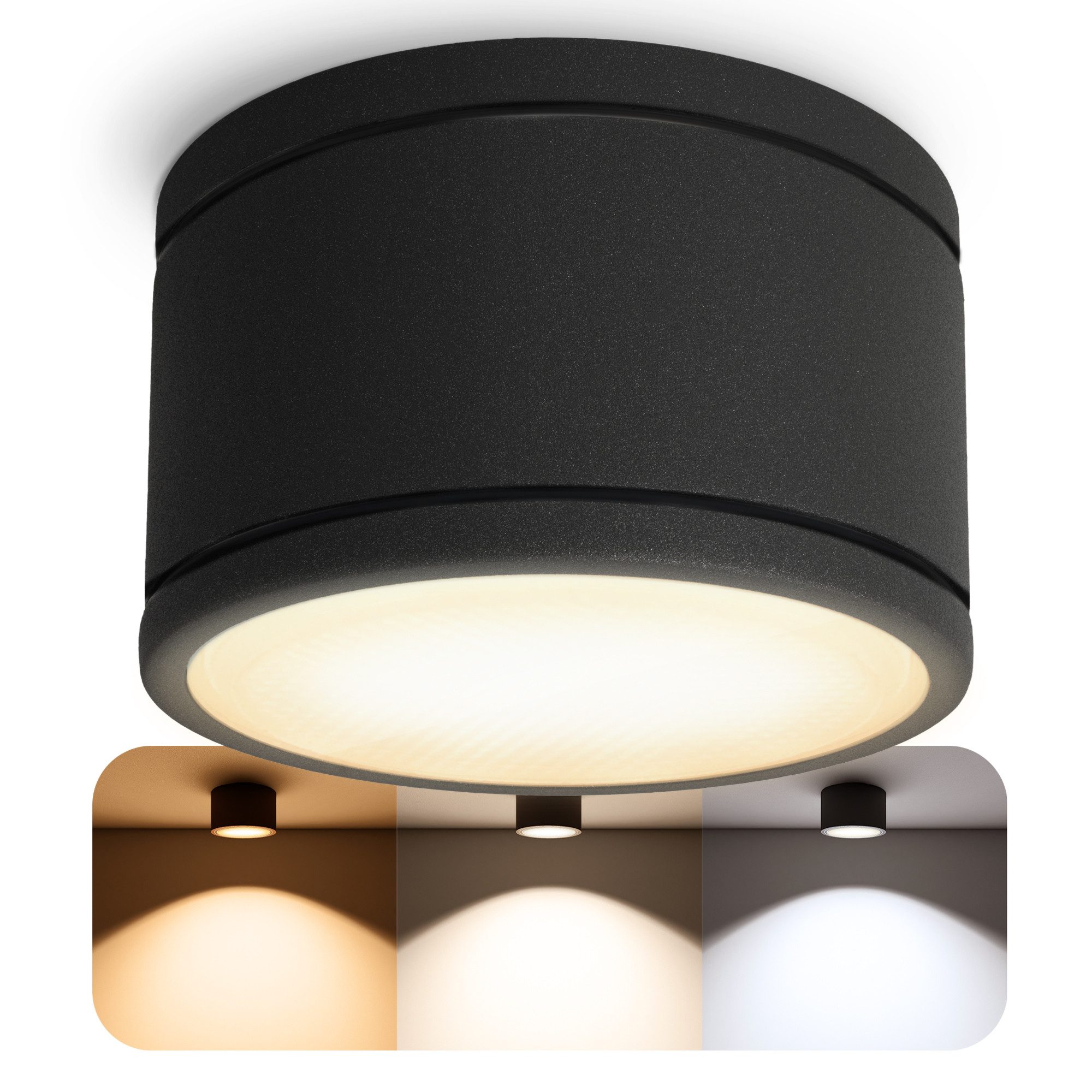 SSC-LUXon LED Außen-Deckenleuchte CELI-WX LED Aufbauspot schwarz IP44 flach 3 Lichtfarben 230V Spot, Warmweiß bis Tageslicht
