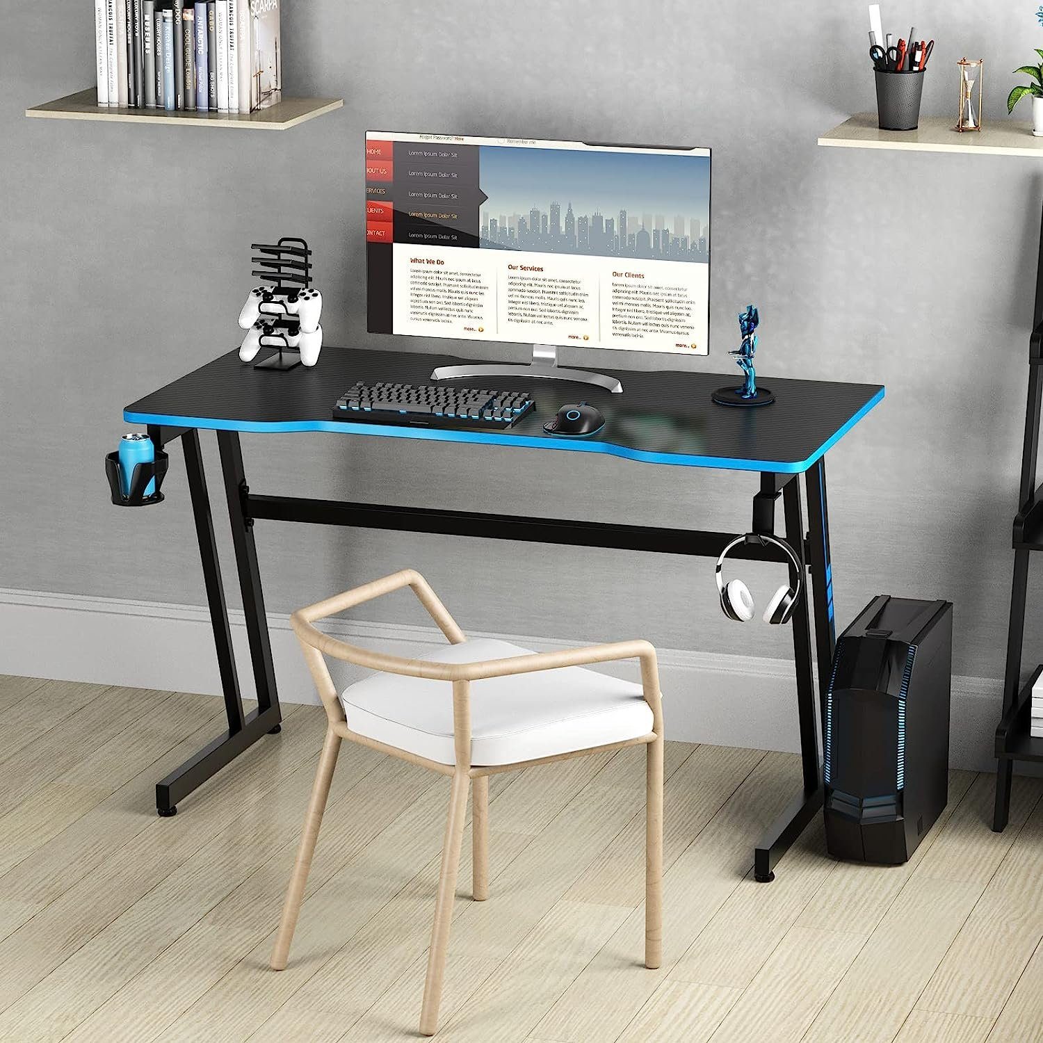 KOMFOTTEU Gamingtisch Computertisch, blau+schwarz PC-Tisch Metall, aus 120 & 60 Holz × cm