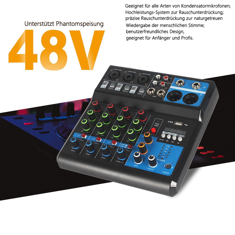 nsihing Mischpult Mini-Audio-DJ-Mixer, Soundboard-Konsolensystem, 5-Kanal, 48 V, Phantomspeisung mit Bluetooth, USB, MP3, Stereo, Live-DJ-Studio – Bild 4 von 5