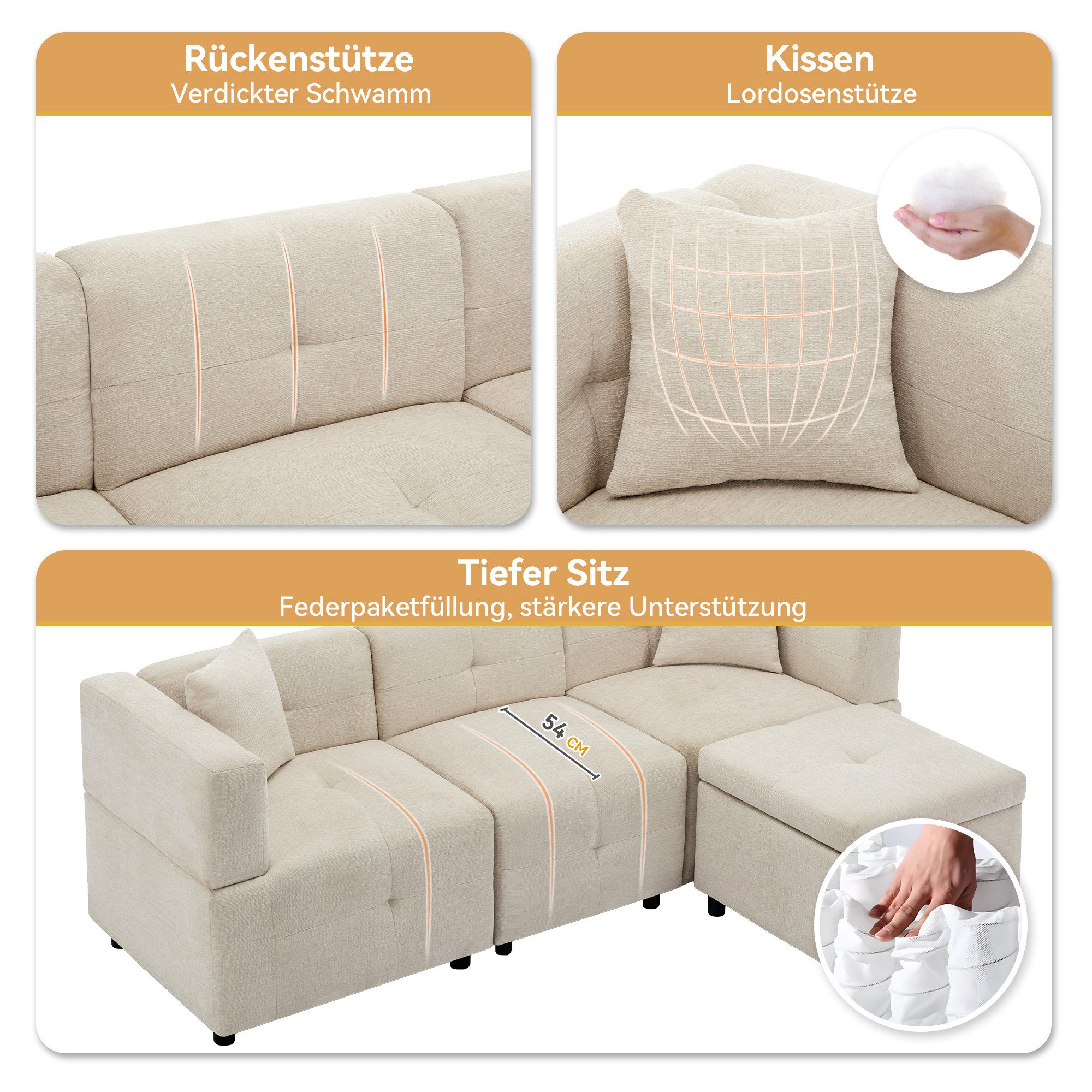 Merax 3-Sitzer Sofa Ecksofa mit abnehmbarem Fußhocker mit Stauraum, 204*126*69cm 1 Teile, L-förmiges Sofa aus Chenille,Modulares Couch mit Rückenlehne, 2 Kissen – Bild 5 von 5