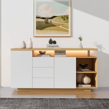 REDOM Sideboard Kommode mit 3 Schubladen und 2 Türen (mit Einlegböden verstellbar, mit LED-Beleuchtung)