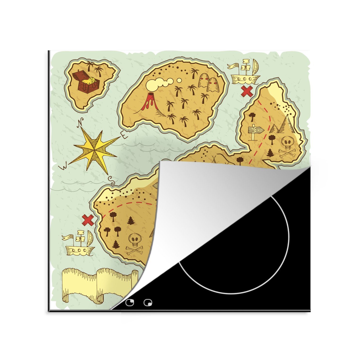 MuchoWow Herdblende-/Abdeckplatte Eine Illustration einer erweiterten Piratenkarte, Vinyl, (1 tlg), 78x78 cm, Ceranfeldabdeckung, Arbeitsplatte für küche