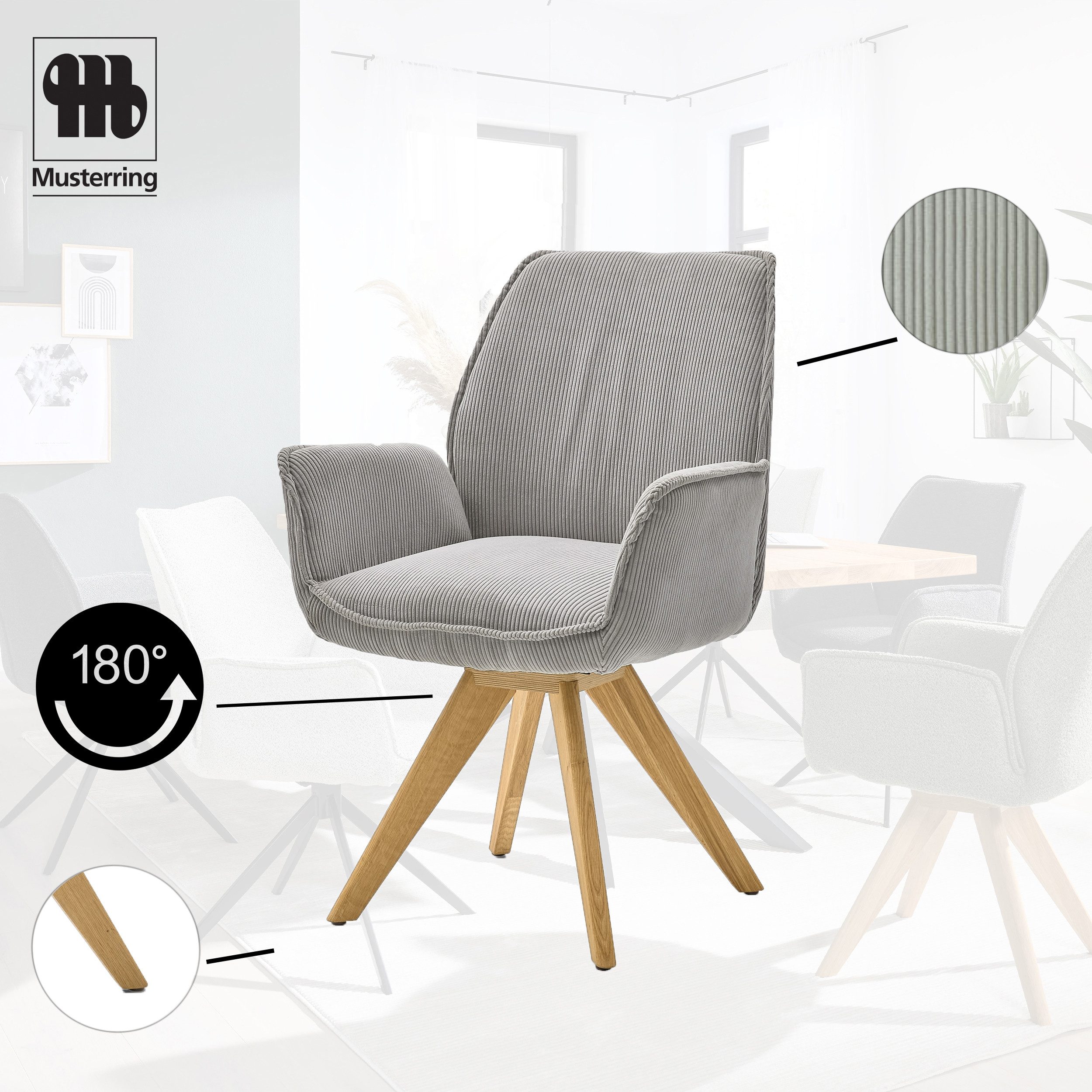 Musterring Esszimmerstuhl Tiama (Set, 2 St), Stativgestell Eiche massiv, 180° drehbar, Stoff Cord oder Bouclé