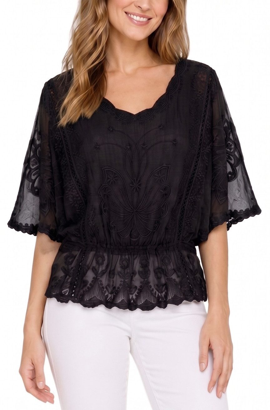 dy_mode Spitzenbluse Damen Sommerbluse mit Spitze Kurzarm Oberteil Einfarbig Transparent in Unifarbe, transparenten Ärmel