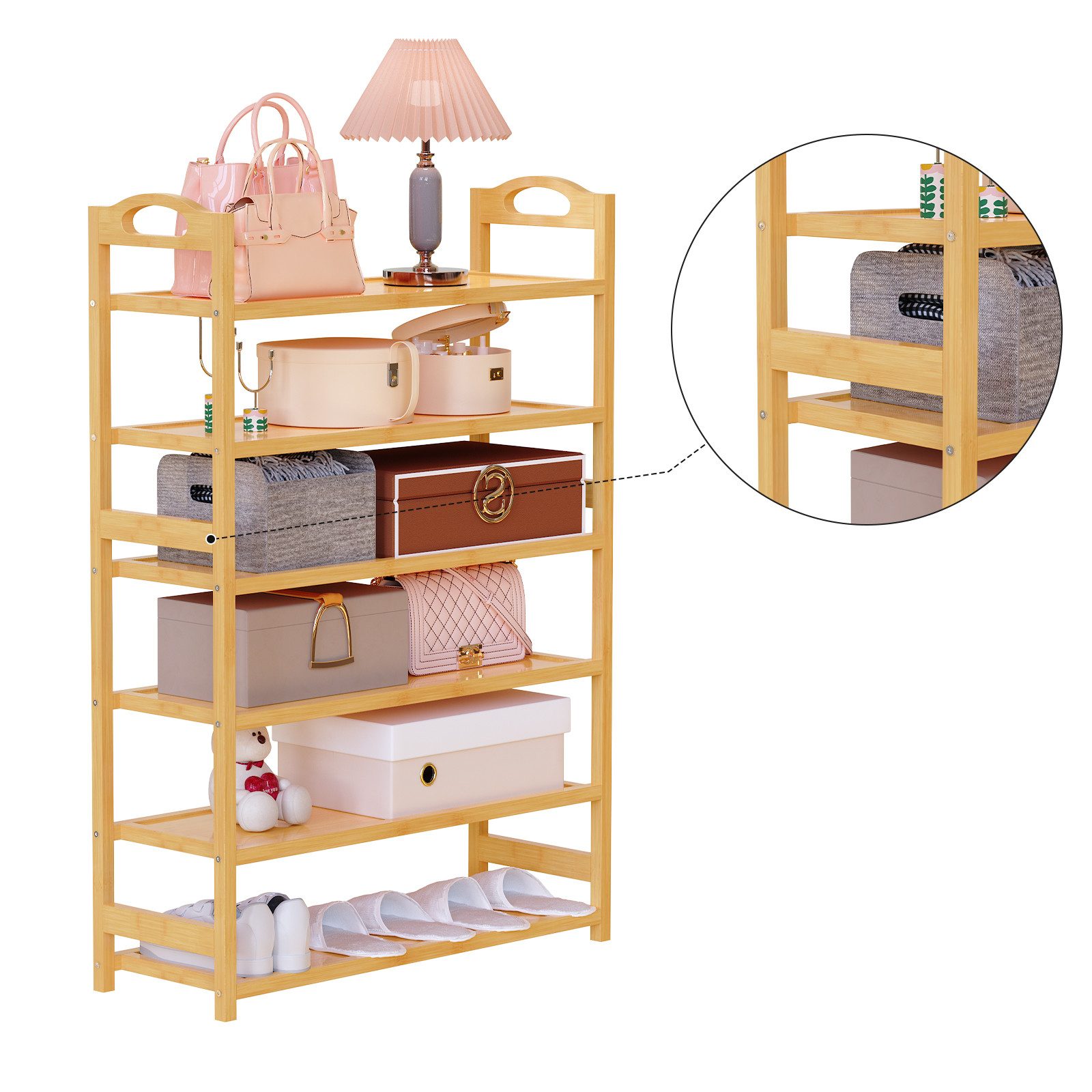 JEOBEST Schuhregal Bambus Schuhständer, Schuhregal Schuhablage, Schuh-Organizer, 6 Ebenen, Platzsparend,Regal für Schuhe, Pflanzen, Bücher