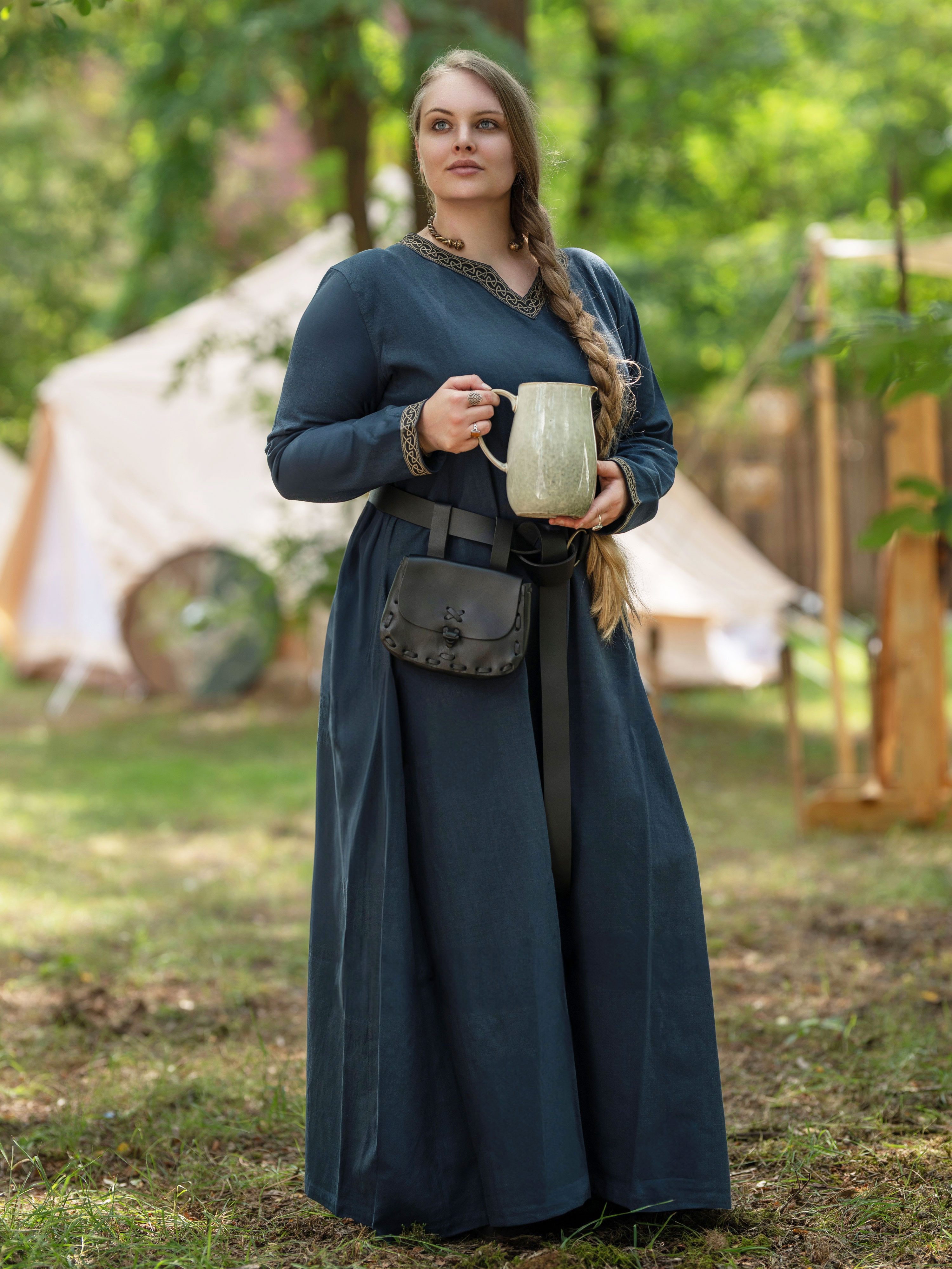 Vehi Mercatus Burgfräulein-Kostüm Mittelalter Kleid langarm Blau, mit Borte günstig online kaufen