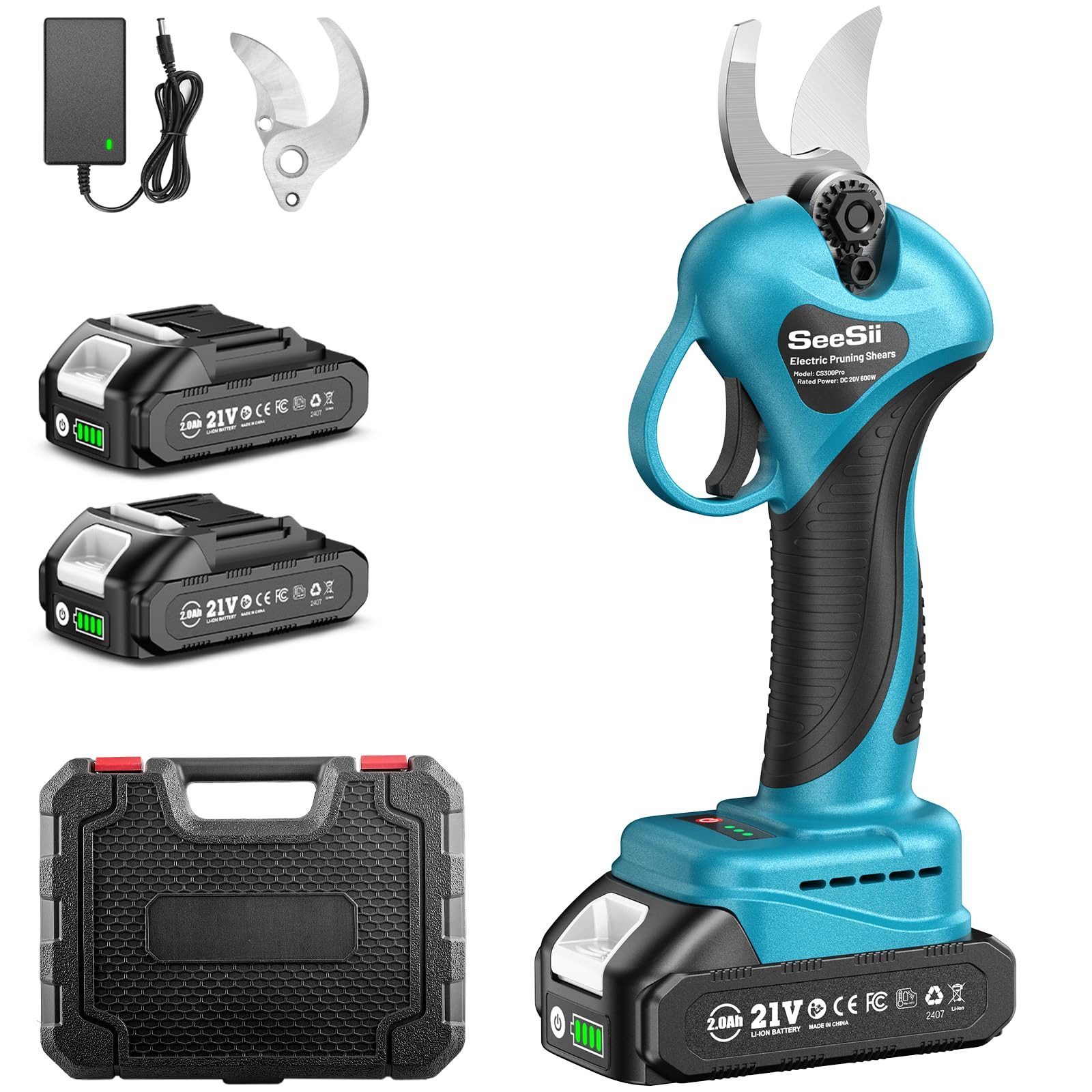 SEESII Akku-Astschere 33mm Elektrische Gartenschere mit Akku mit 600W bürstenlosem Motor, (mit 2×4000‑mAh‑Batterien und Ladegerät), Akku‑Baumschere, SK5 Bypass Ersatzklinge, Gärtner Geschenk