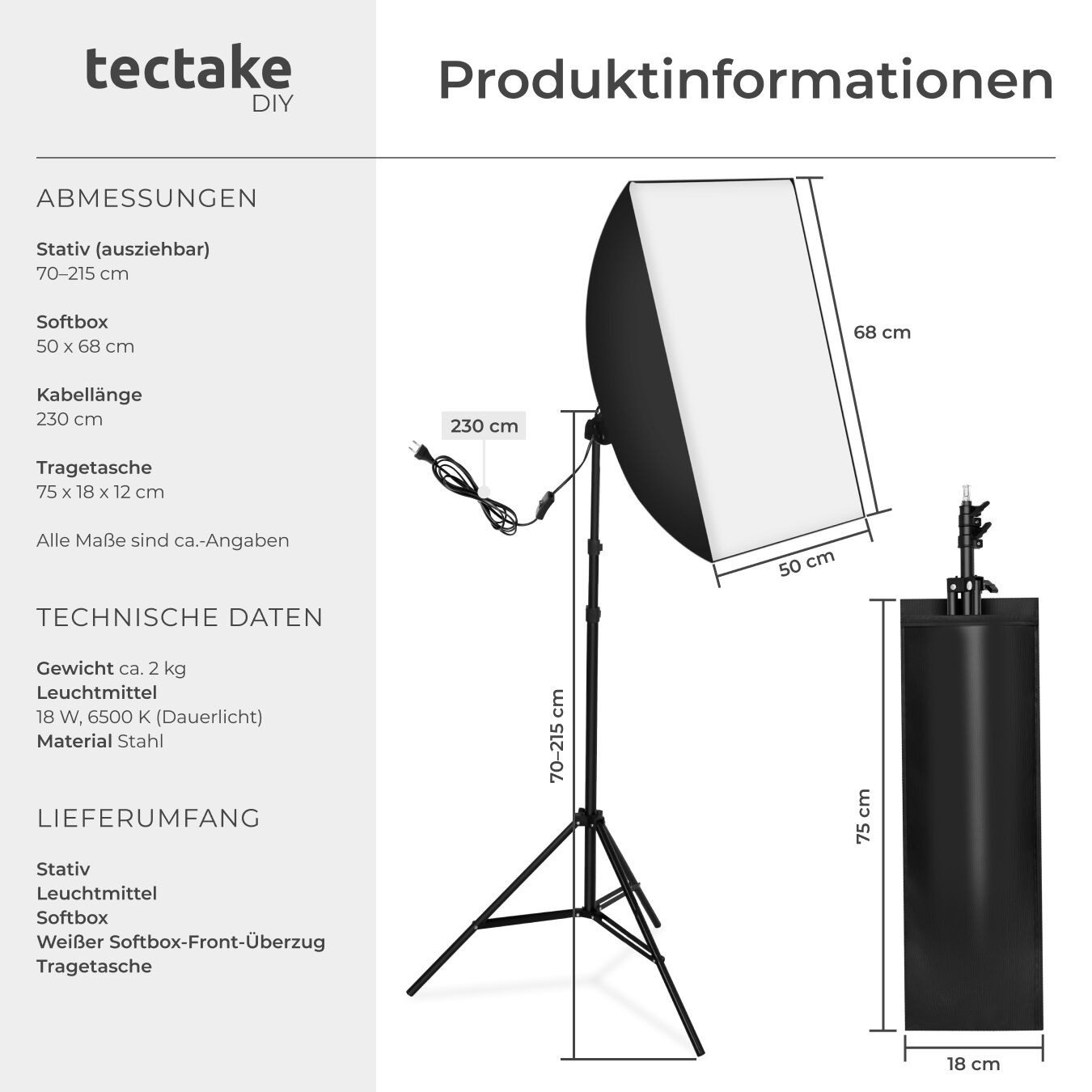 tectake Studioleuchte Studio-Stativ-Blitz, (mit Softbox und ausziehbarem Stativ)