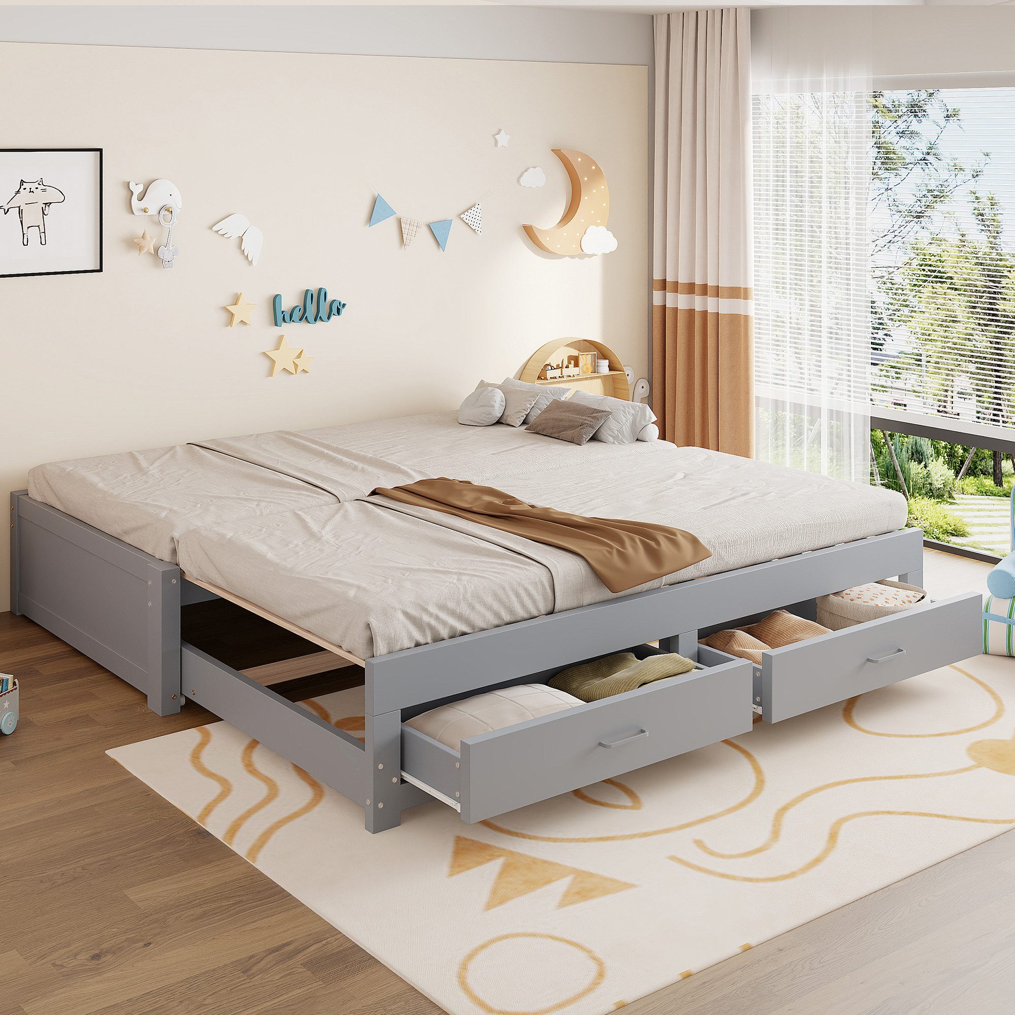 OKWISH Schlafsofa Funktionsbett, Ausziehbares Holz-Kinderbett 90/180 x 190 cm mit Lattenrost, zwei integrierten Schubladen und ohne Armlehnen & Rückenlehne, Inklusive Matratze