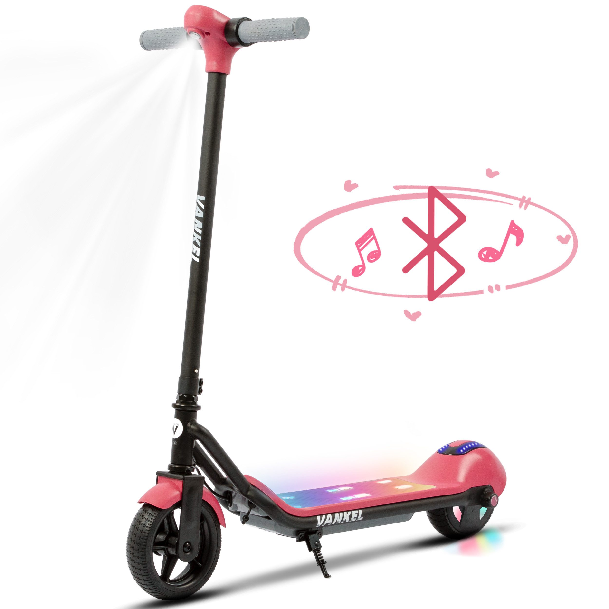 Vankel E-Scooter Kinder ab 6 Jahren, Elektro Kinderroller, Bunte Leuchten, Cityroller, 110 W, mit Bluetooth-Lautsprecher, 6,5 Zoll E-roller, Cityroller, E-Bremse