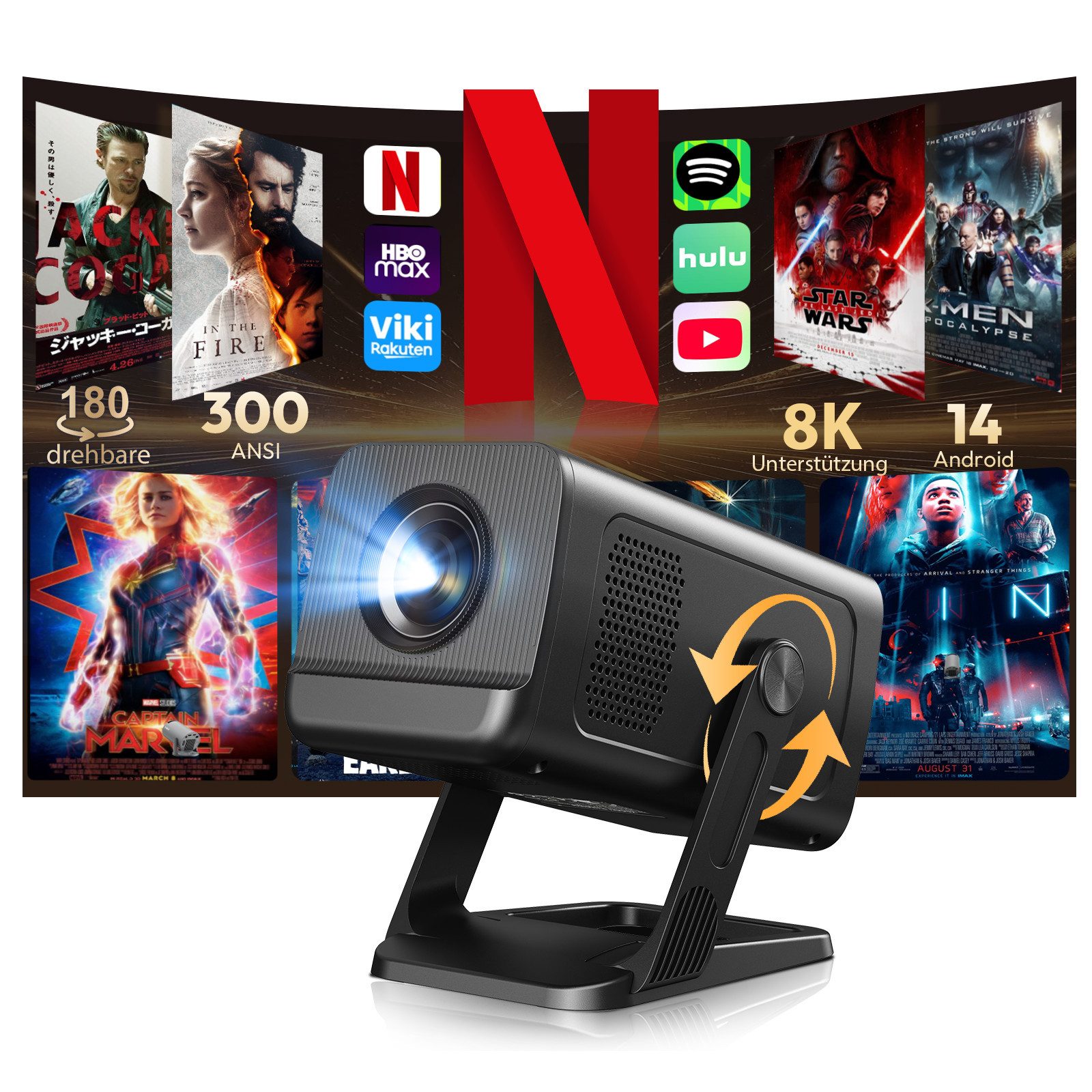 XGODY Android 14 Projektor Ultra HD 8K, Integrierte App,WiFi 6, BT 5.4 Mini-Beamer (12000 lm, 8000:1, 3840 x 2860 px, KI-Auto-Keystone, 180°Dreh, Tragbarer Beamer Heimkino mit TV Stick)