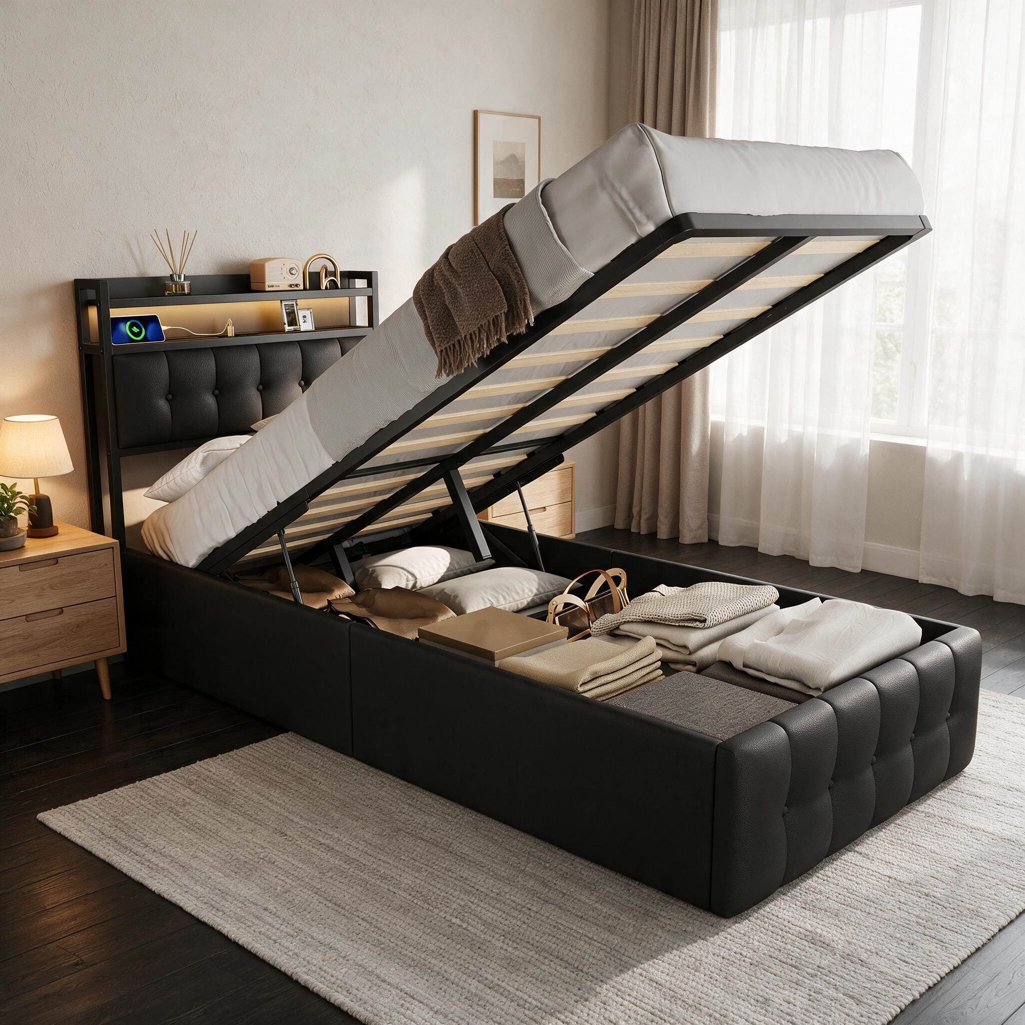 Simurq Einzelbett Kinder‑Bettkasten 90x200cm, Einzelbett mit Stauraum‑Kopfteil, LED, USB