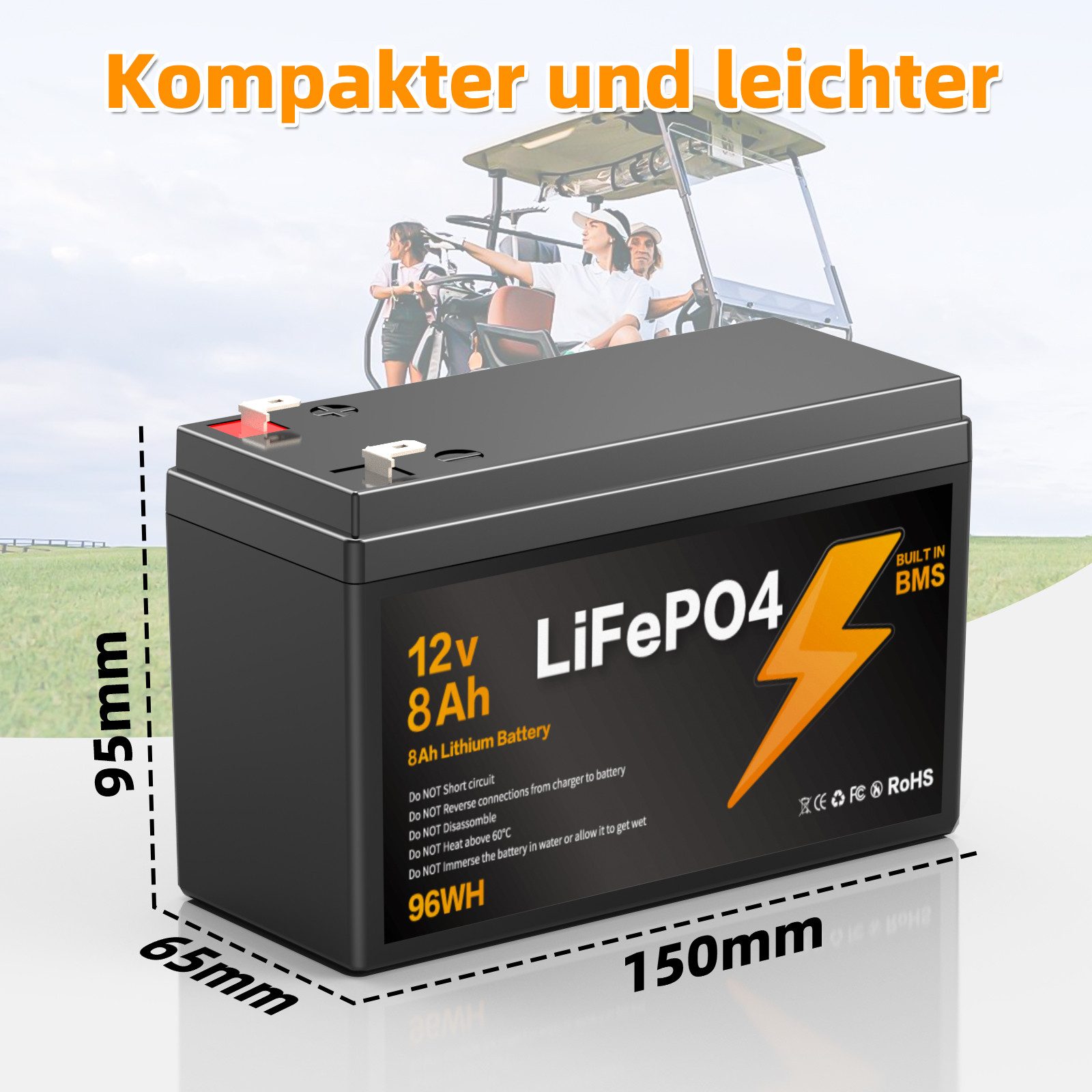 Blossom Akku 12V 8Ah Lithium-Eisenphosphat Akku mit Smart BMS IP67 LiFePO4 Batterie, wasserdicht Lithium Akku 96Wh 3000+ Ladezyklen für Solaranlage Camping