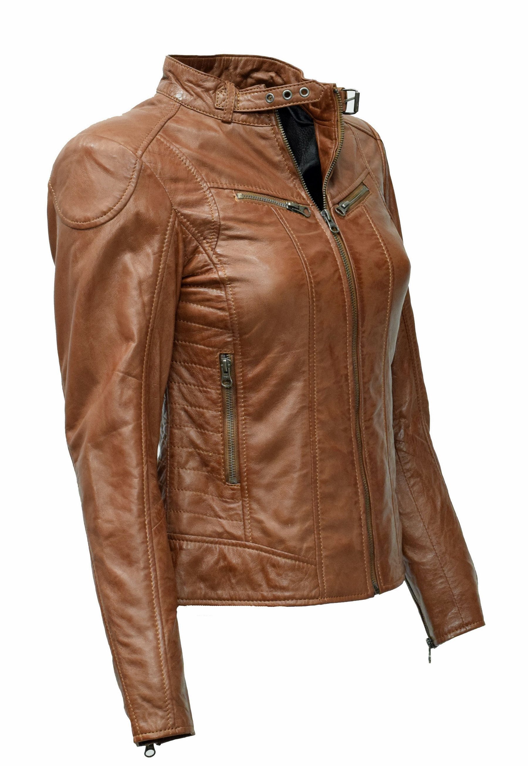 Zimmert Leather Lederjacke Frida washed Lammnappa Leder, Cognac, Schwarz, Braun, Beere, Rot