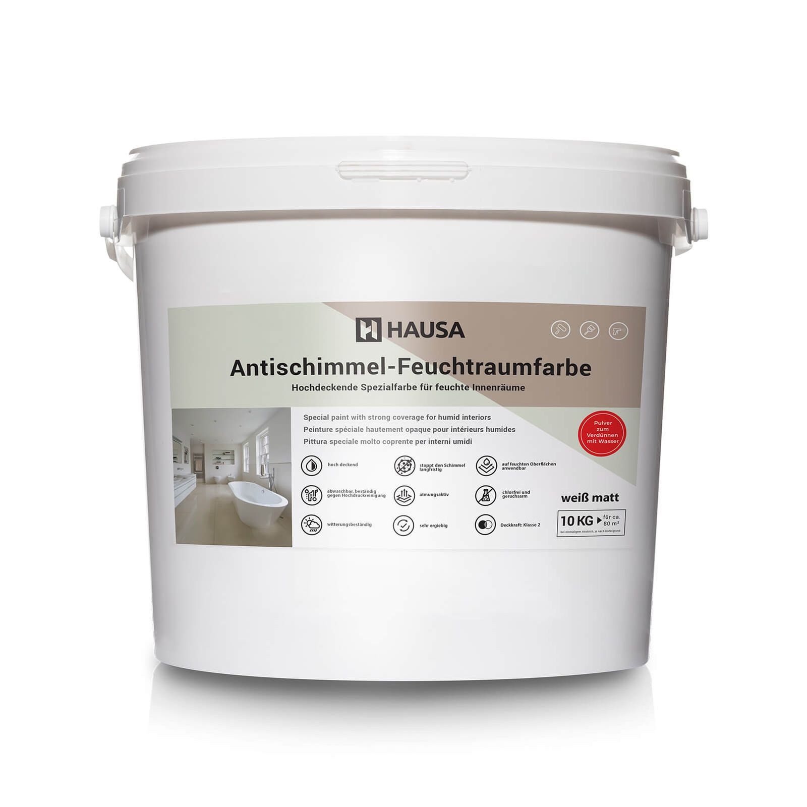 Hausa Feuchtraumfarbe Anti Schimmel Farbe weiß, Feuchtraum Wandfarbe hochdeckende Spezialfarbe für Keller Bad 10 kg
