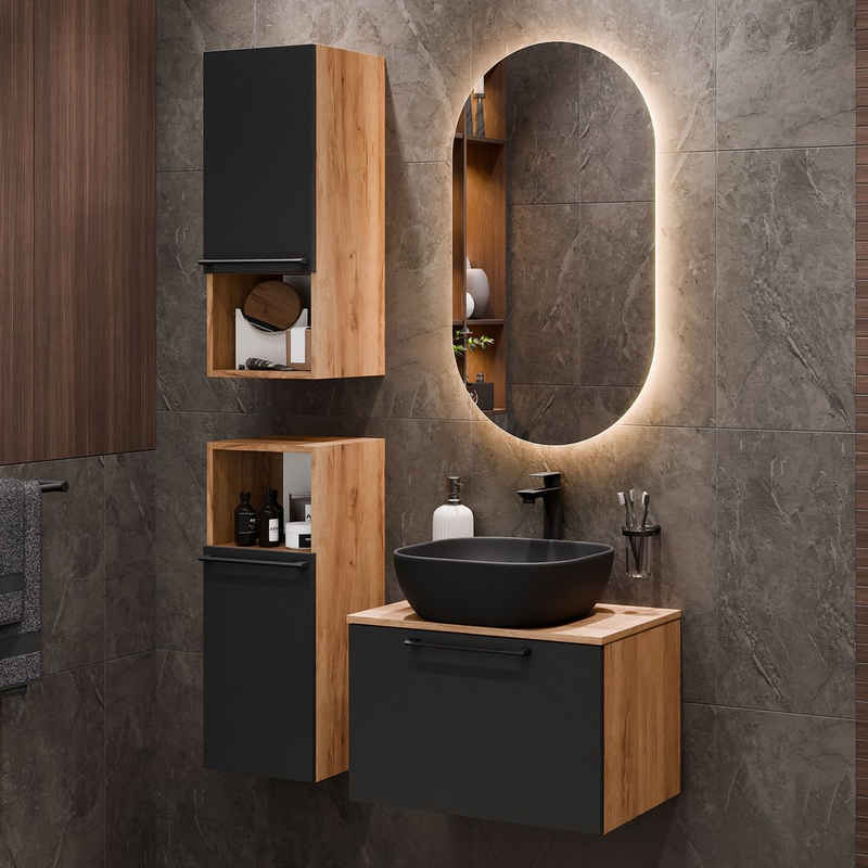 Planetmöbel Badmöbel-Set Astra, (Badezimmer Möbel im modernen Design, 4-St), mit 2x Midischrank & Waschbecken schwarz