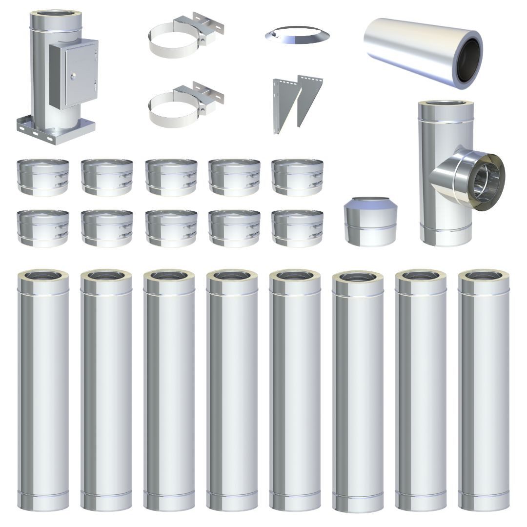 Jeremias Schornstein Ø130mm 8 m DW FU Doppelwandiges Schornstein Set Wandmontage Hochglanz, Ø 130 mm