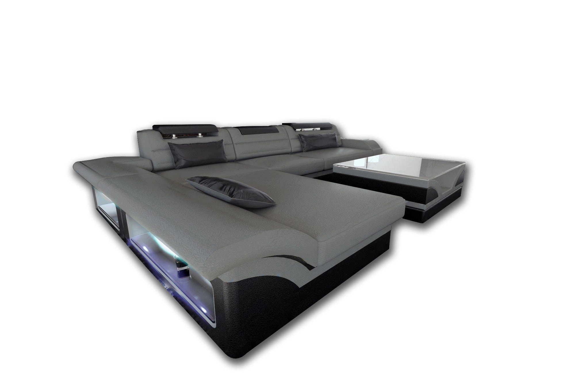 Sofa Dreams Ecksofa Monza L Form Leder Couch mit Ottomane und LED Beleuchtung, Couch, mit LED, wahlweise mit Bettfunktion als Schlafsofa, Designersofa