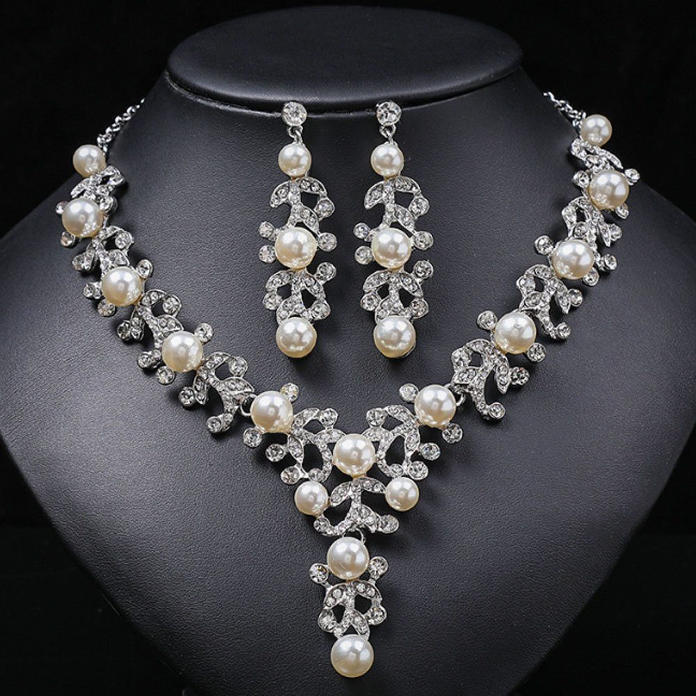 AUzzO~ Schmuckset Brautschmuck-Set Halskette Ohrringe Damenschmuck Elegant Perlen, Accessoires für Bräute 2-tlg