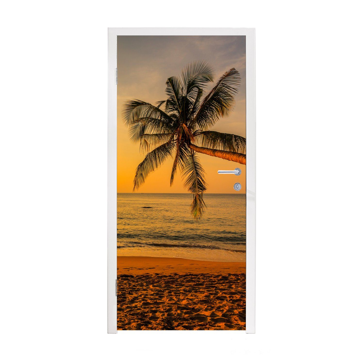 MuchoWow Türtapete 75x205 Türaufkleber, - St), bedruckt, Tür, Matt, - Palme Meer, (1 cm Sonnenuntergang Strand - Fototapete für