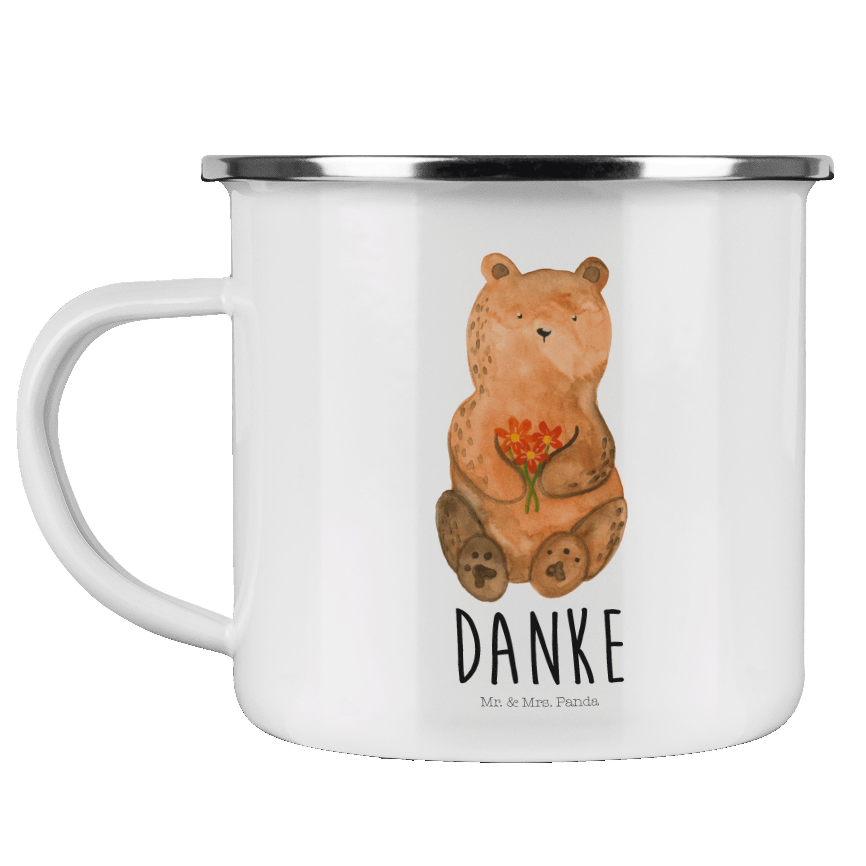 Weiß - Emaille Trinkbecher, Geschenk, Panda & Danke, Becher Dankeschön, Dankbär - Mrs. Mr. Edelstahl