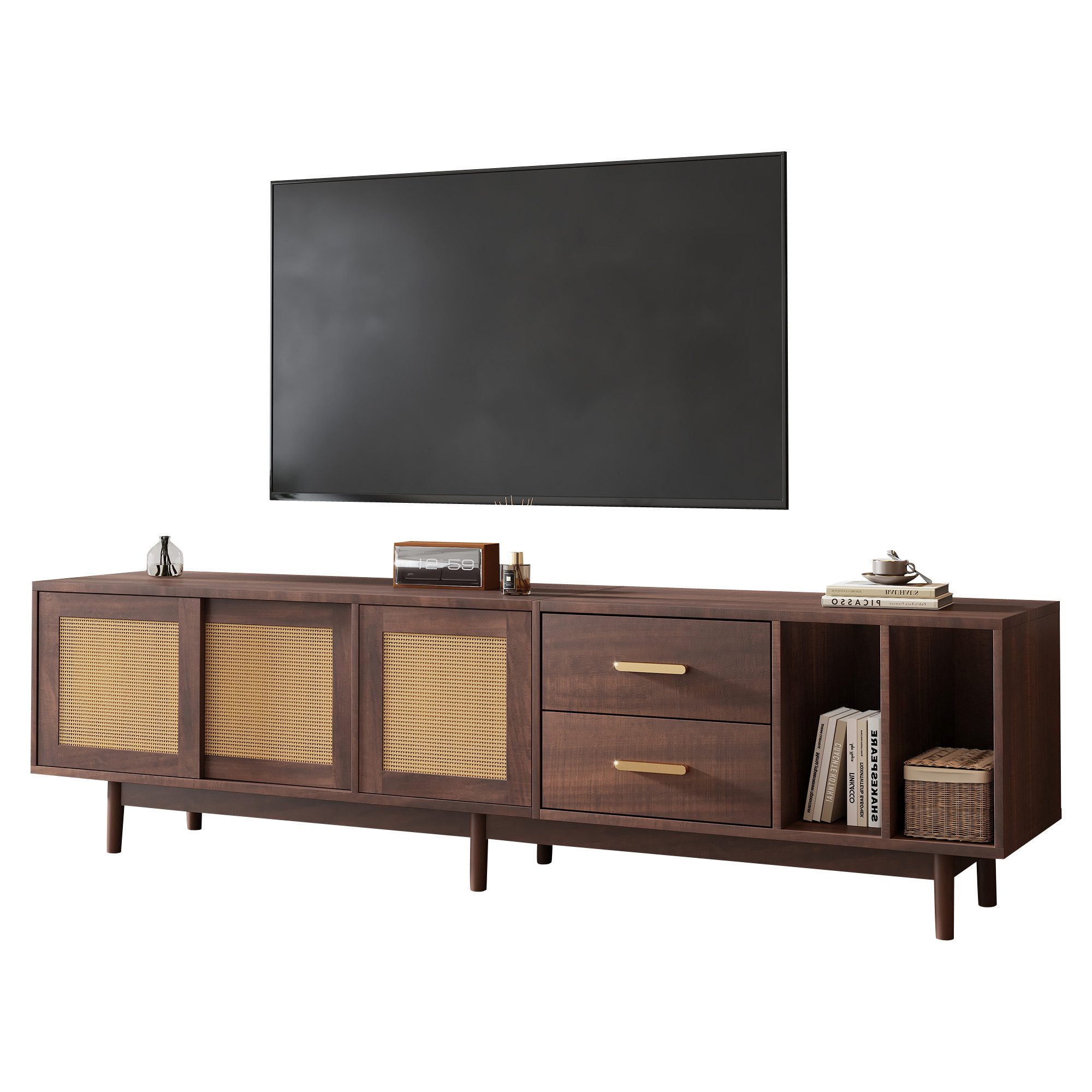 Merax Lowboard Rattan Fernsehtisch (1 St), TV-Schrank mit Rattan-Schiebetüren,Schubladen & 6 Holzbeinen,B:190cm