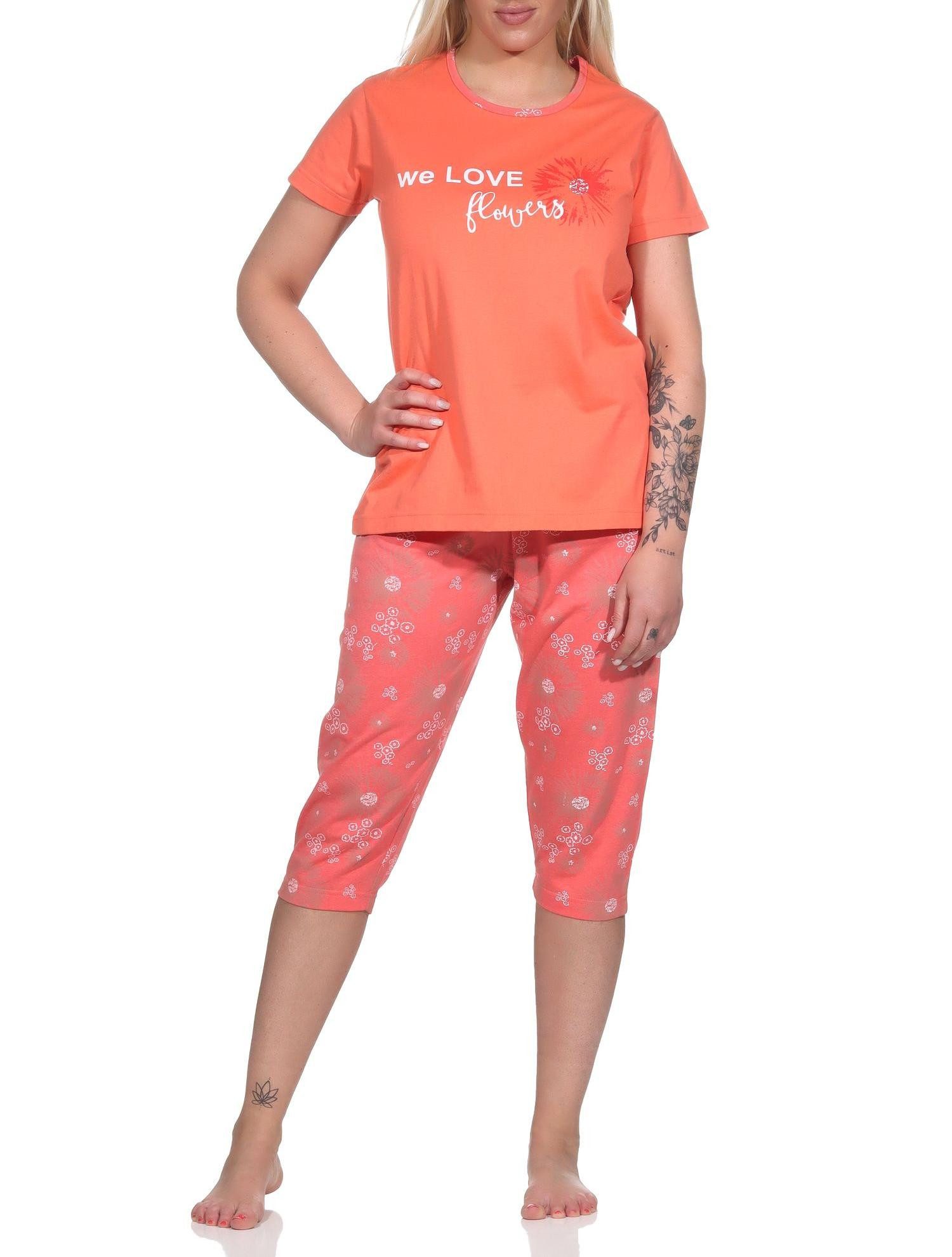 Normann Pyjama Damen kurzarm Schlafanzug mit Caprihose in geblümter Optik