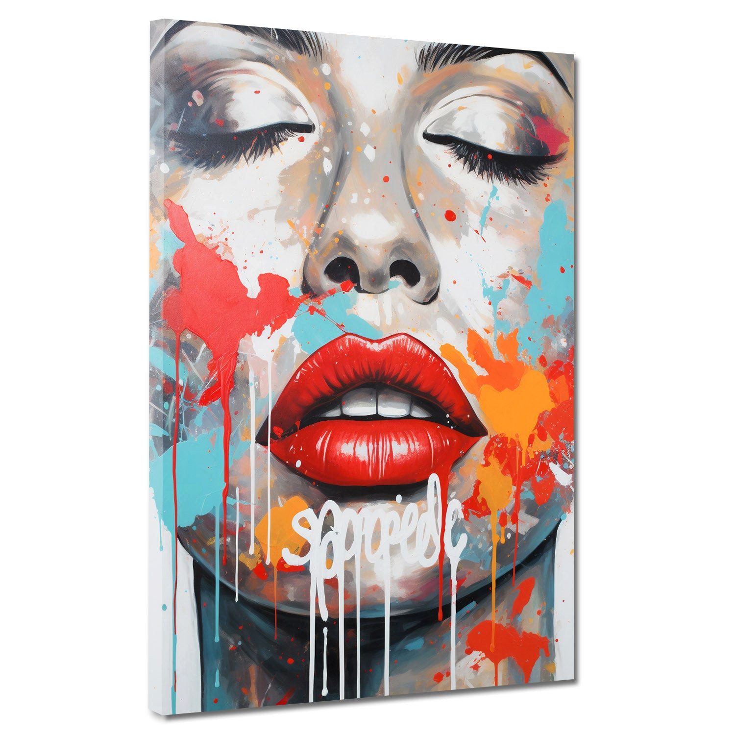 Artedinoi Leinwandbild Rote Lippen Frau Pop Art Splash Wandbild Leinwandbild Kunstdruck XL De, Frau mit roten Lippen