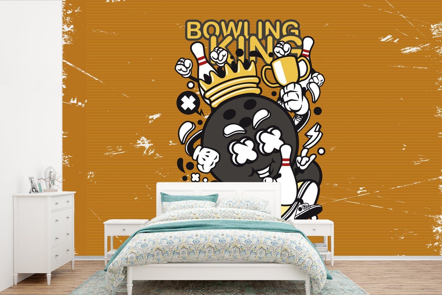 MuchoWow Fototapete Vintage - Bowling - König, Matt, bedruckt, (6 St), Wallpaper für Wohnzimmer, Schlafzimmer, Kinderzimmer, Vinyl Tapete