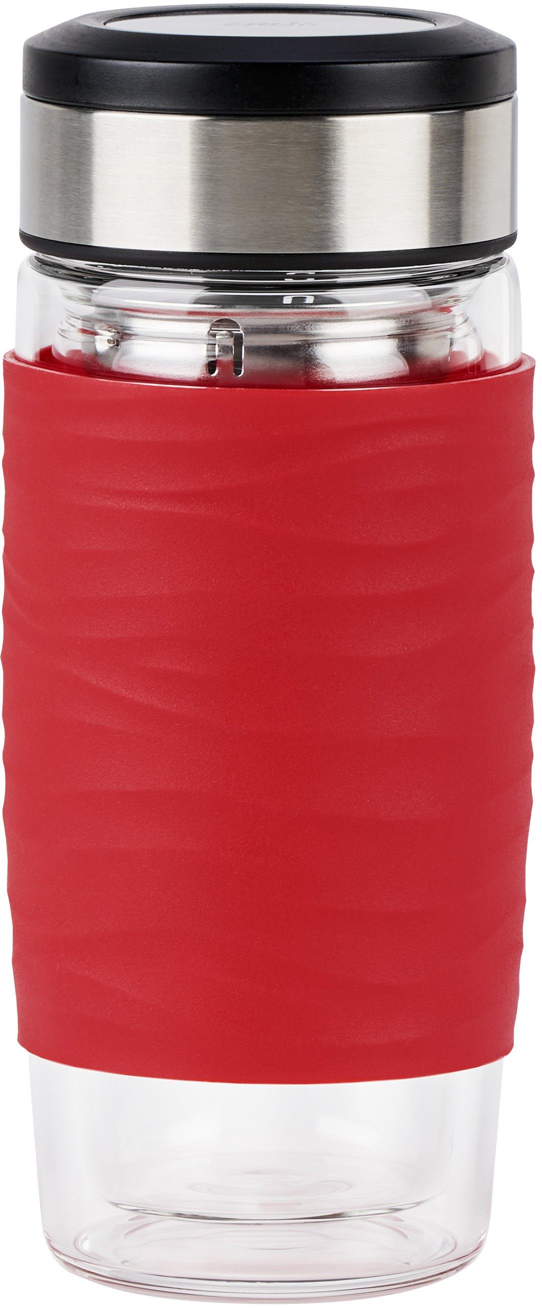 Emsa Thermobecher Tea Mug, Edelstahl, Glas, Silikon, Teebecher, 400 ml, 100% dicht, 3-teilig, mit herausnehmbarem Tee-Sieb rot/edelstahlfarben/transparent | Thermobecher