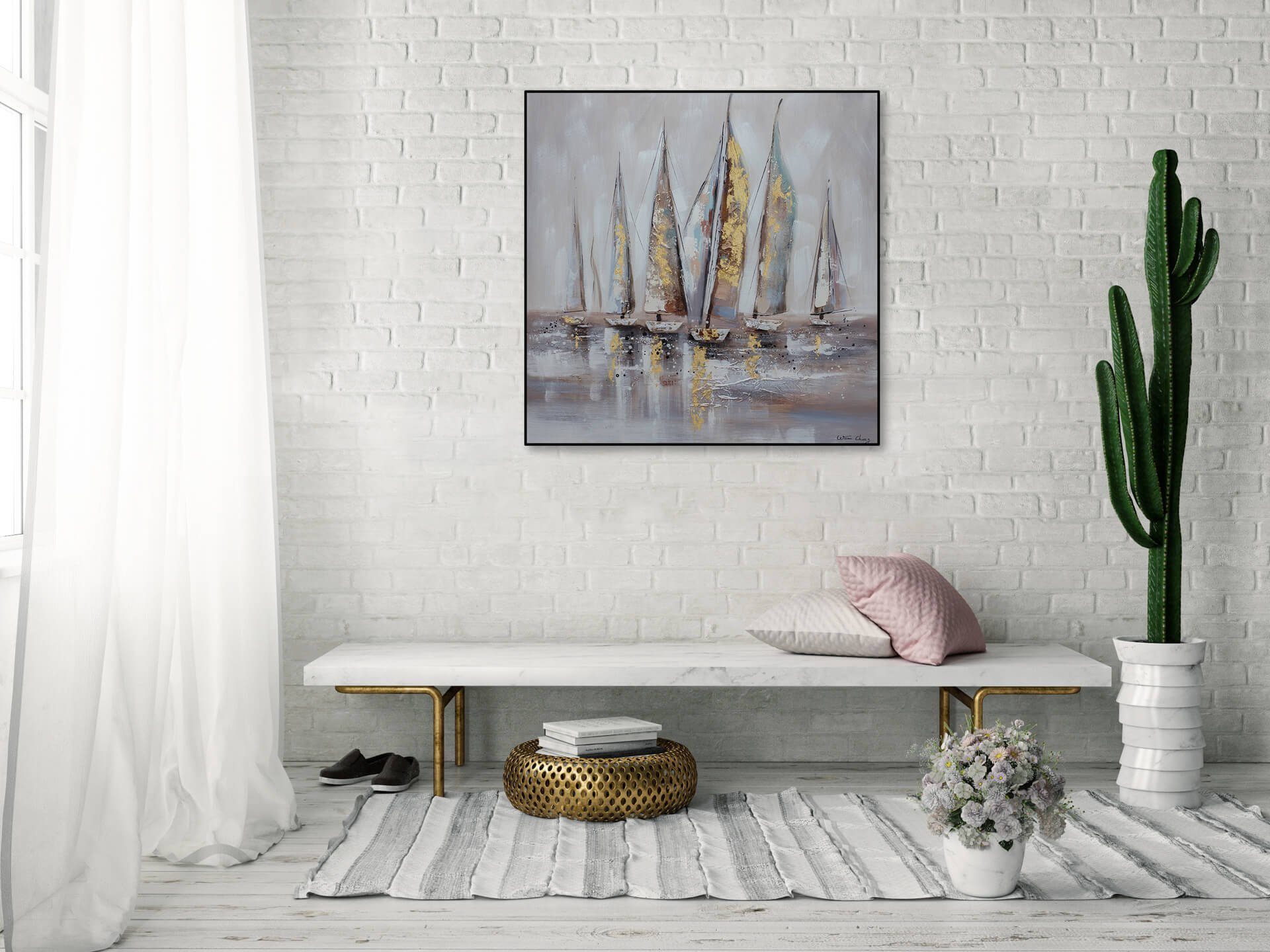 HANDGEMALT Wandbild Wind im KUNSTLOFT 80x80 100% Gemälde Segel Leinwandbild Wohnzimmer cm,