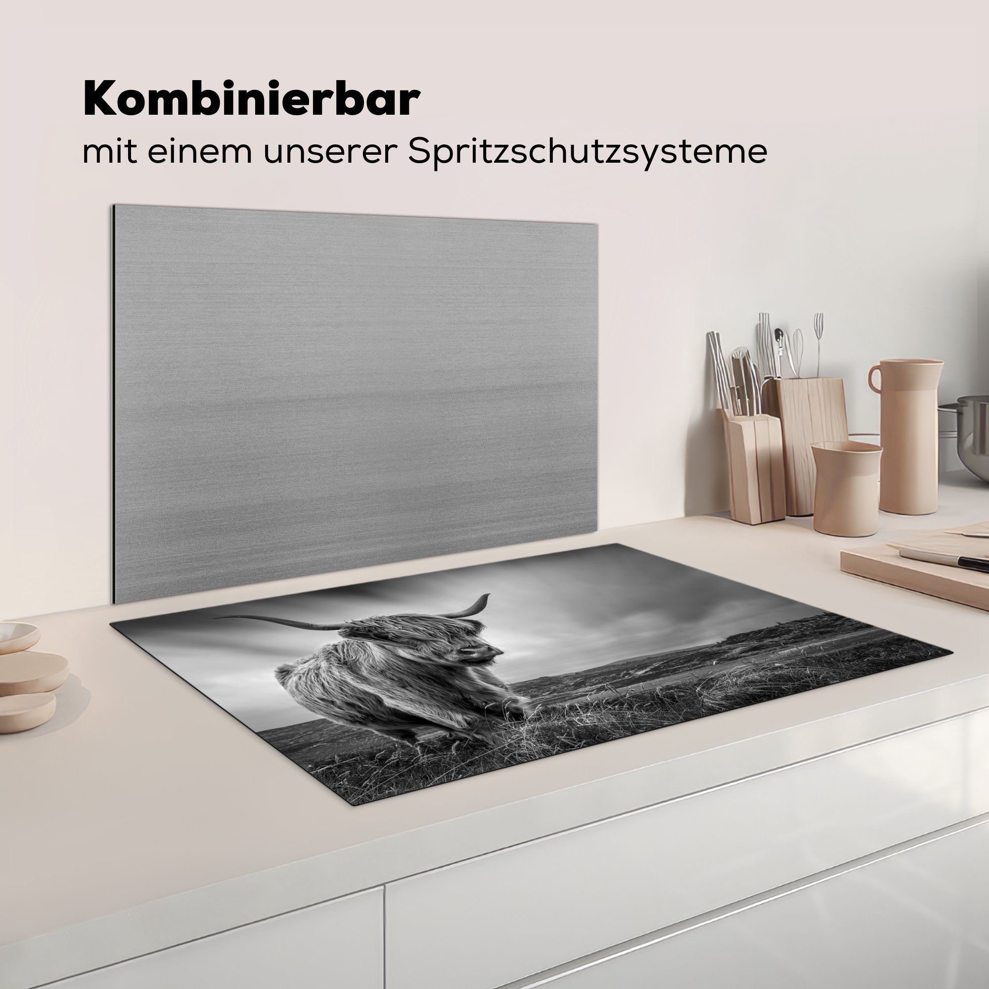 - Kühe - die Schottische küche, Natur - 81x52 Ceranfeldabdeckung cm, (1 Schutz MuchoWow tlg), Tiere und - Vinyl, Hochlandkühe Induktionskochfeld Schwarz weiß, für Herdblende-/Abdeckplatte