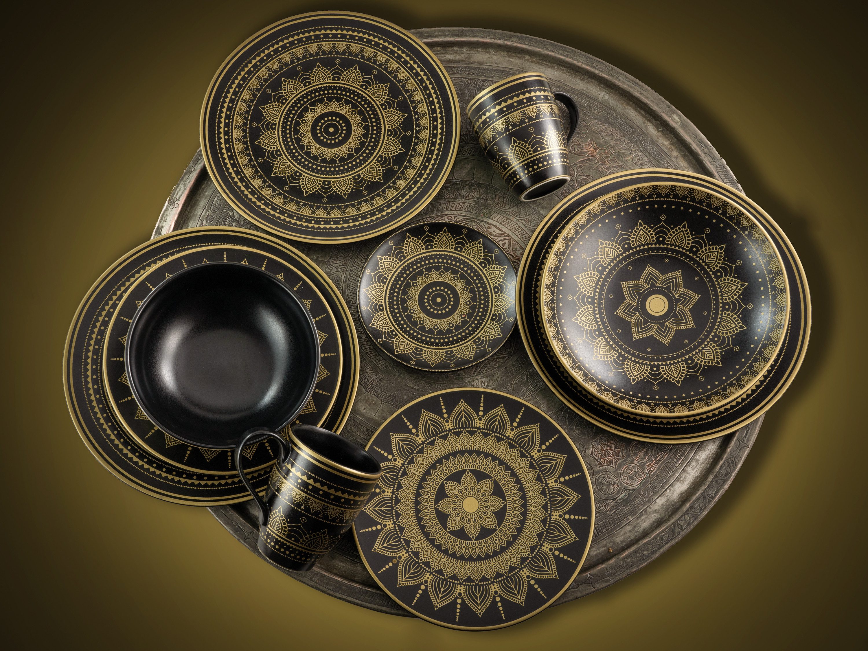 CreaTable Kombiservice Mandala Gold Gold-Schwarz (8-tlg), 2 Personen, Steinzeug