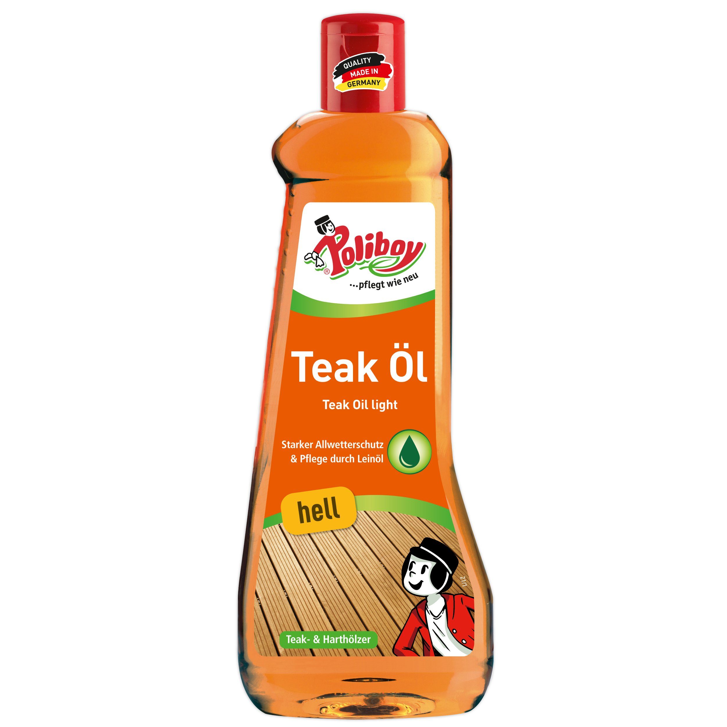 poliboy Teak Öl hell - 500ml - für geölte und naturbelassene Gegenstände Holzreiniger (reinigt, pflegt und schützt - Made in Germany)