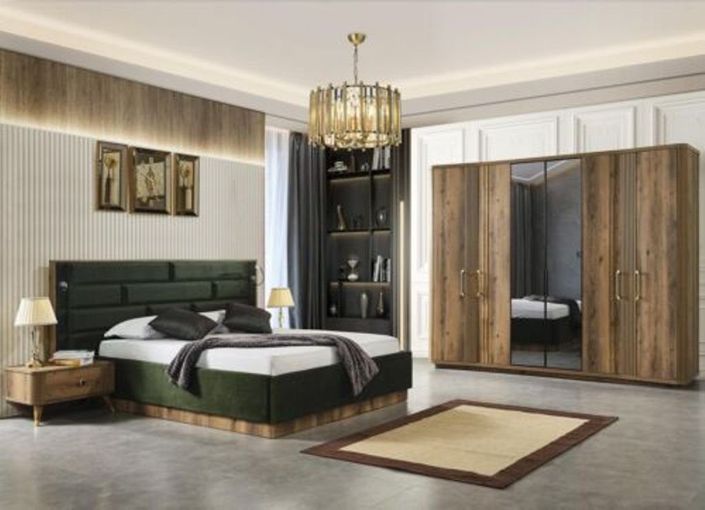 JVmoebel Schlafzimmer-Set Luxusbett 2 Nachttische Kleiderschrank inklusive 4-teiliges Set, (4-St)