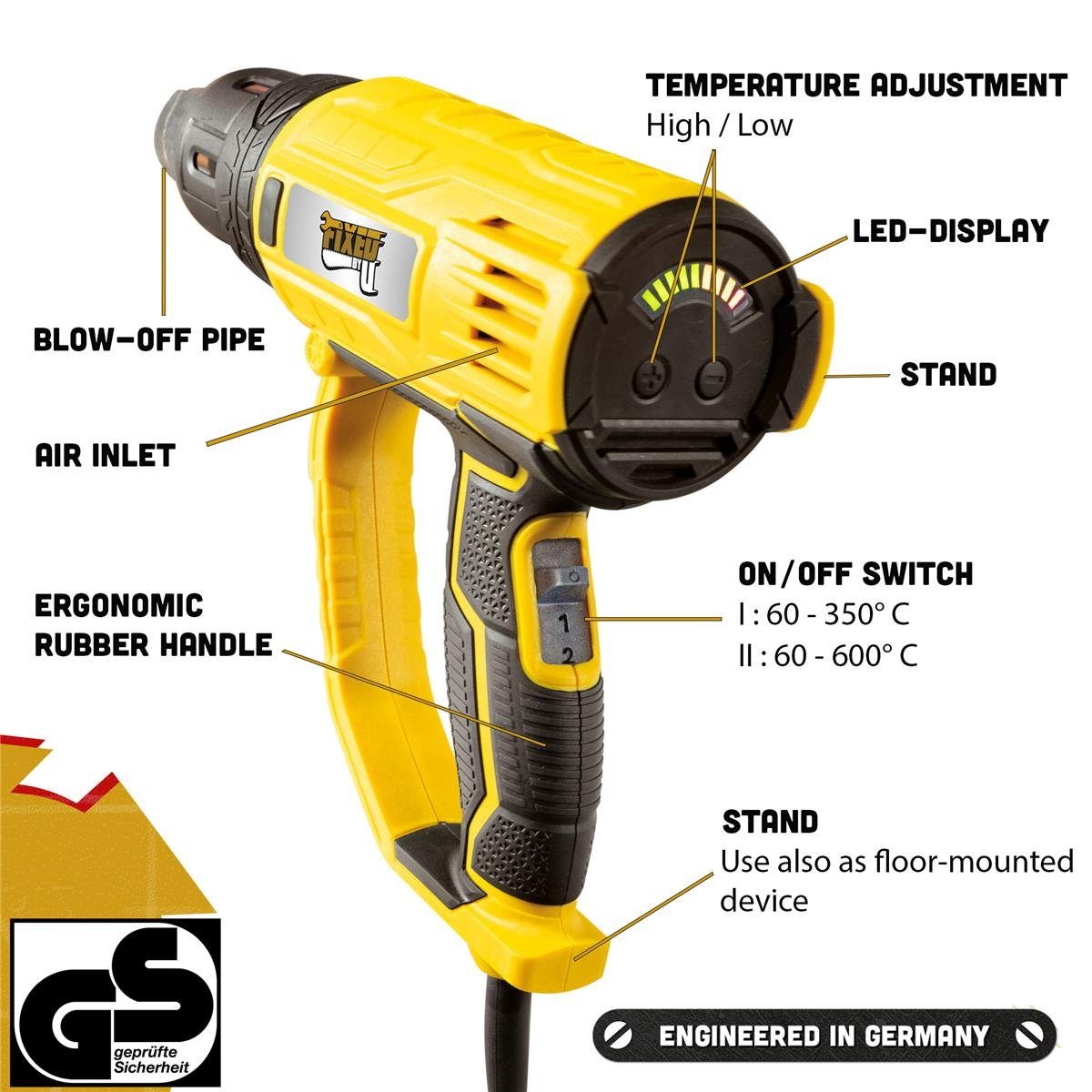Grizzly Tools Heißluftgebläse Heißluftpistole im Koffer mit LED-Anzeige, Heißluftfön, 60-600° C, bis max. 600 °C