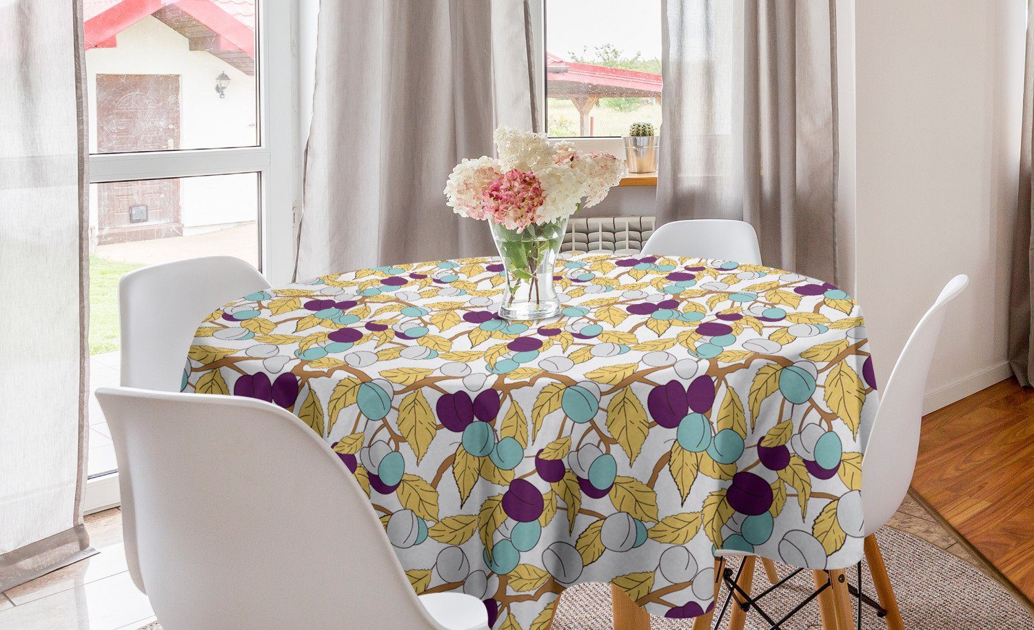 Abakuhaus Tischdecke Kreis Tischdecke Abdeckung für Esszimmer Küche Dekoration, Blumen Bunte Früchte und Blätter