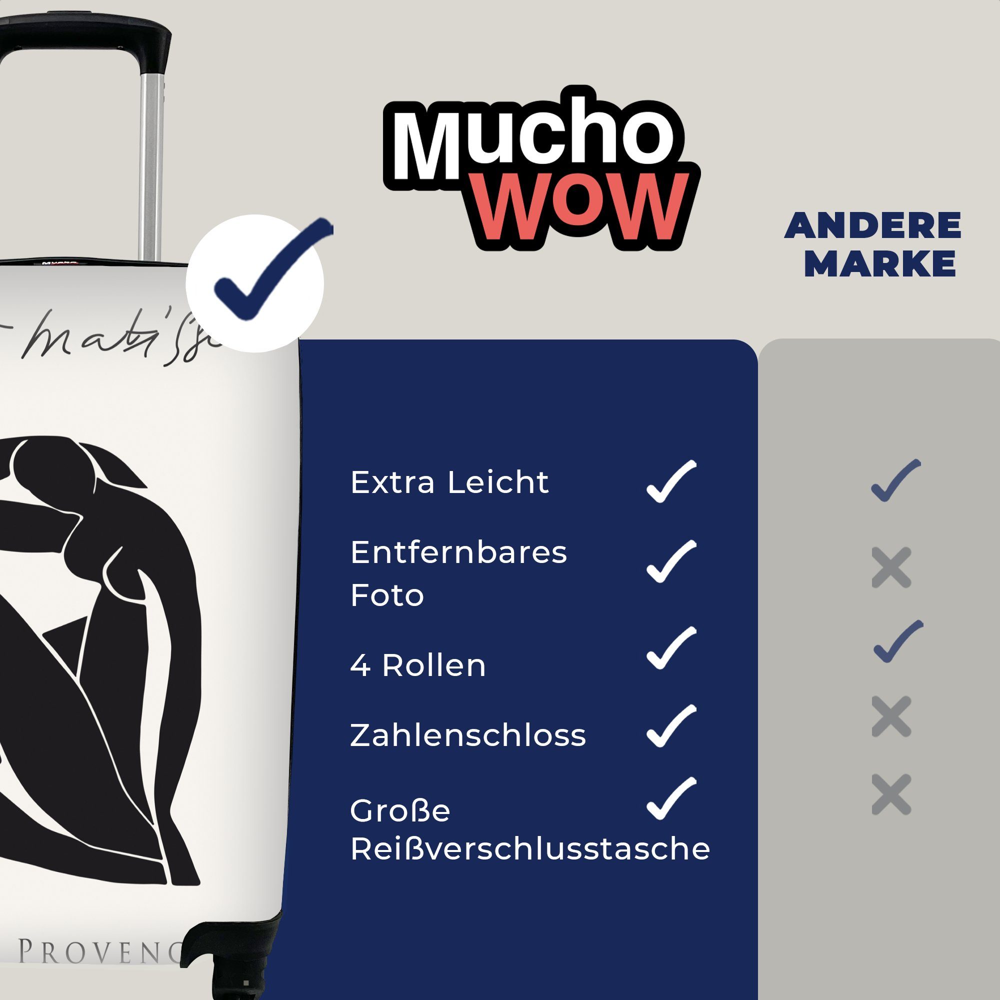 - Handgepäck Schwarz mit rollen, Matisse, Reisekoffer Trolley, Reisetasche Handgepäckkoffer für Ferien, MuchoWow Frau Abstrakt Henri Rollen, - 4 -