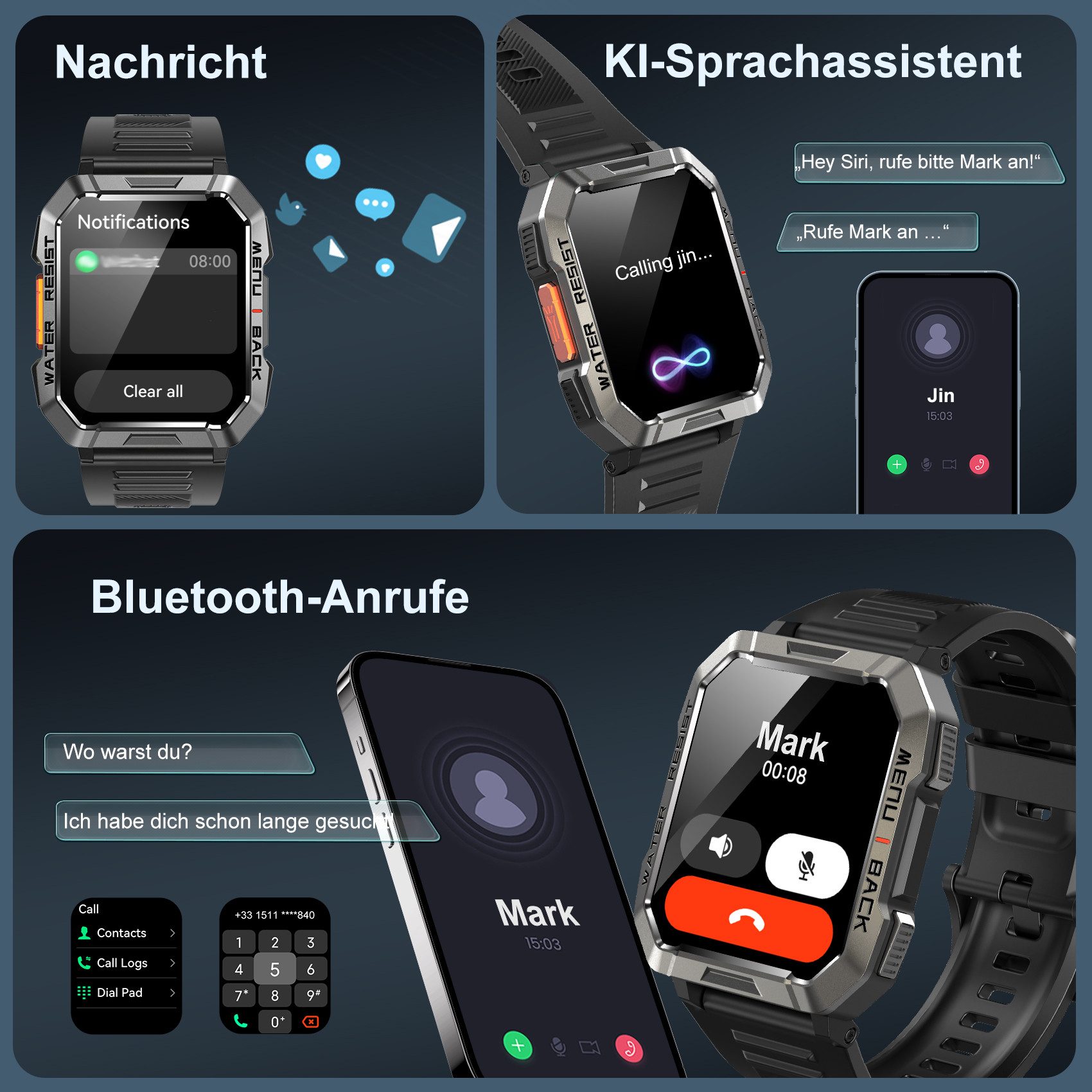 blackview Herren Smartwatch W60 2,01" HD-Display, 30-Tage-Akku, Bluetooth-Anrufe Smartwatch (5.1 cm/2.01 Zoll, iOS/Android) Set, 1-tlg., mit Wechselband aus weichem Silikon und Ladekabel, 900mAh Akku,Musik& SpO₂-/Herzfrequenz-/Schlafüberwachung,2Armband,IP68