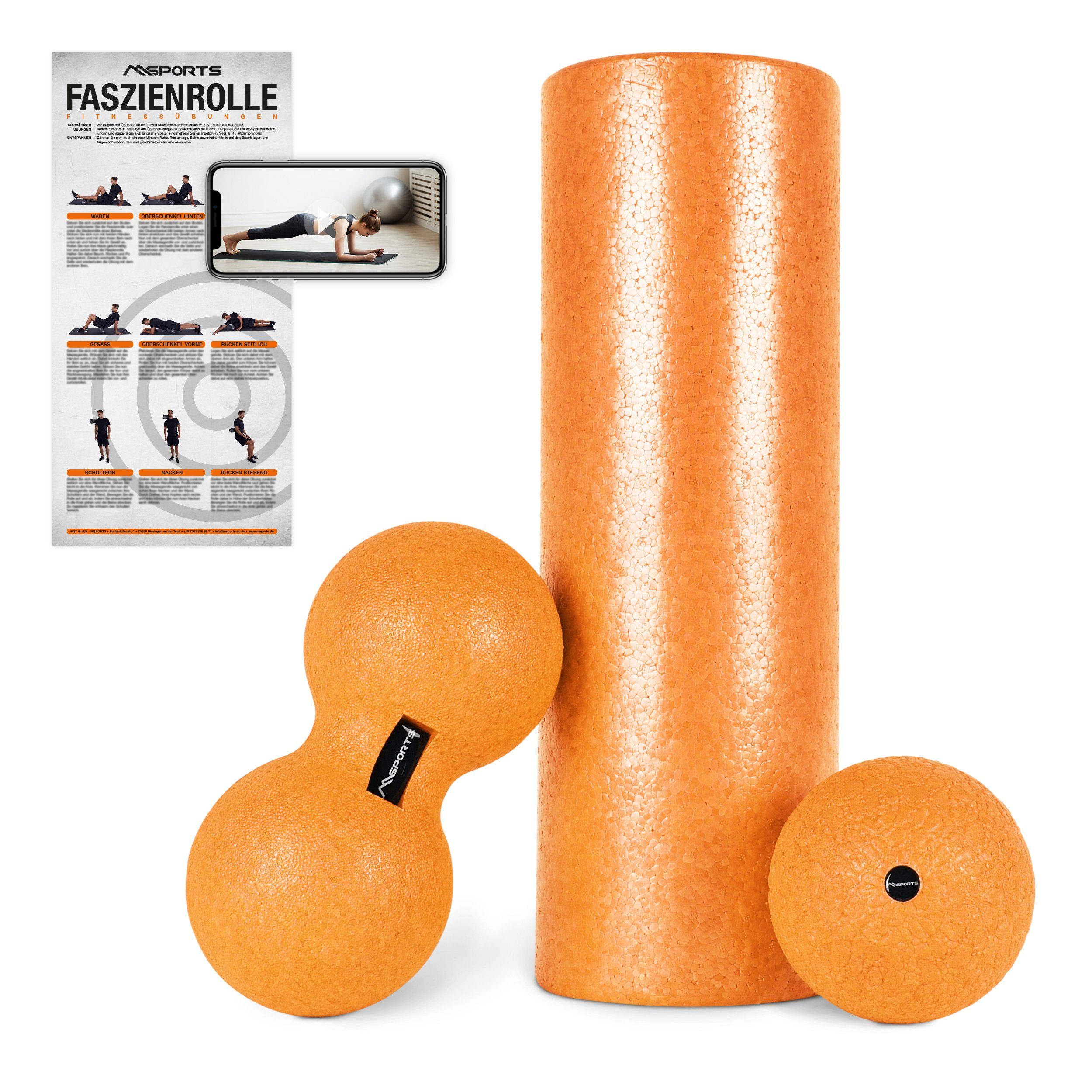 MSports® Massagerolle FASZIENSET 3er Set - Massagerolle + Massageball + Peanutball Orange