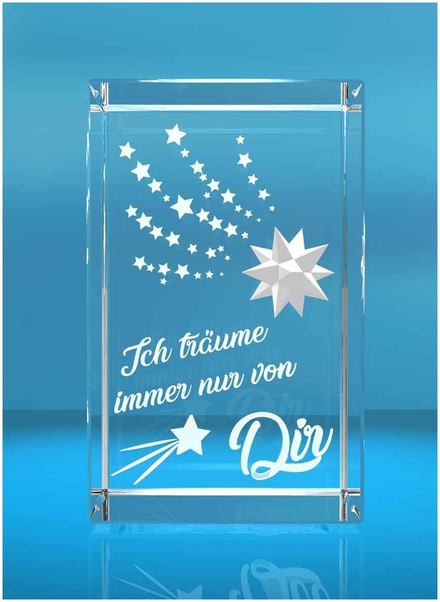 VIP-LASER Dekofigur 3D Glasquader I Sternschnuppe I Text: Ich träume immer nur von dir, Hochwertige Geschenkbox, Made in Germany, Familienbetrieb