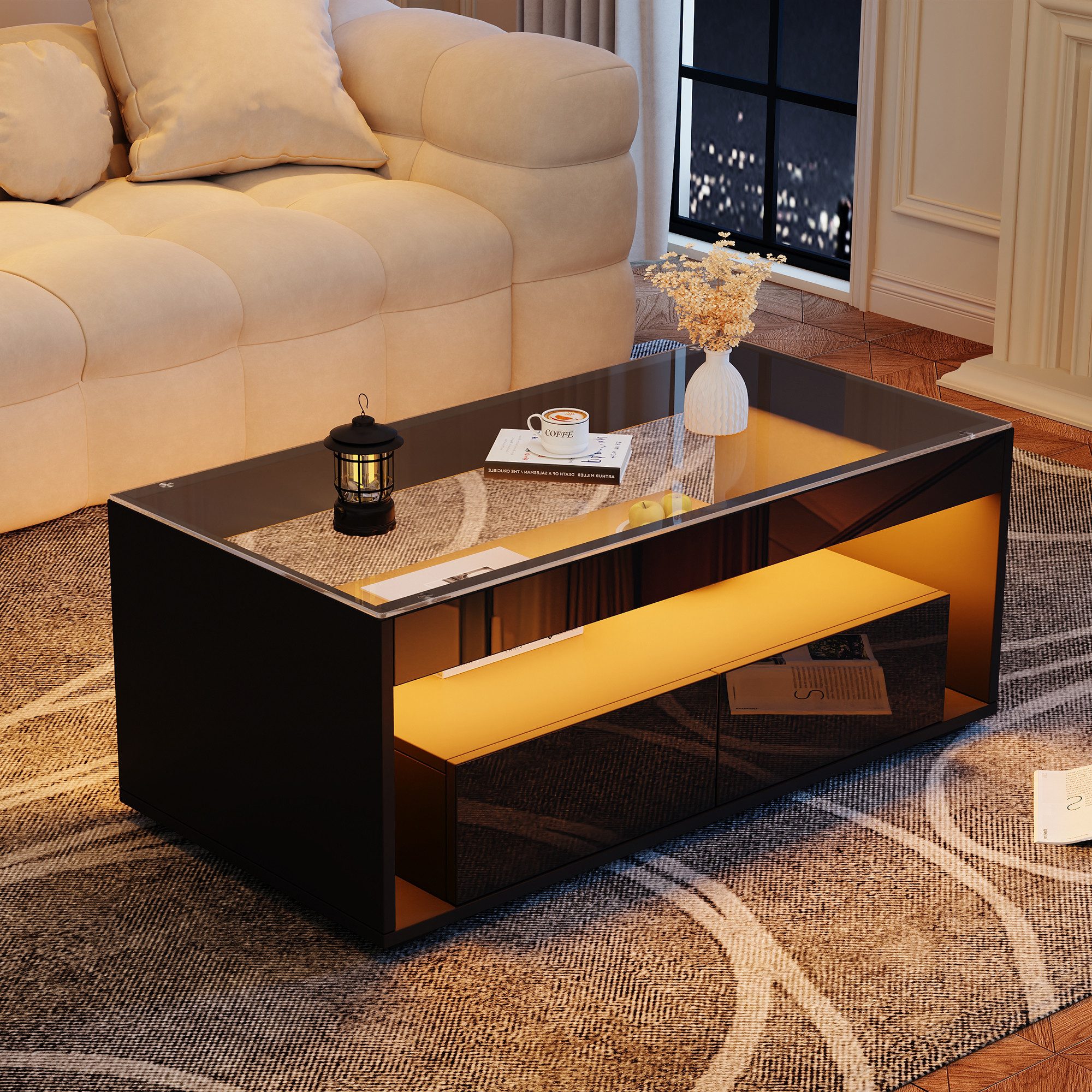 MODFU Couchtisch LED-Wohnzimmertisch Moderner Kaffeetisch (Sofatisch Beistelltisch moderner Design-Tisch, 1-St., 2 großen Schubladen), 100 × 50 × 40 cm, doppelschichtiges Design