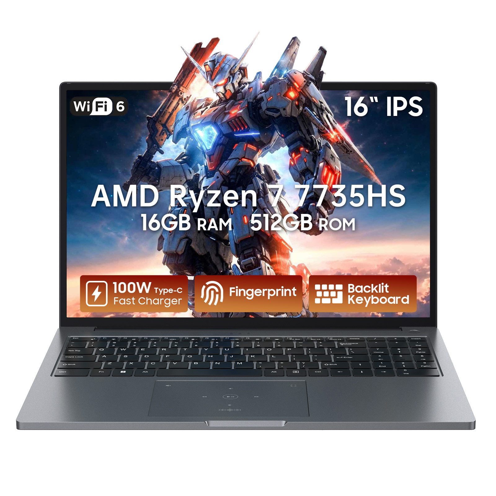 blackview AMD Ryzen 7 Gamibook 8 180° Drehung Gaming Notebook (AMD Ryzen7 AMD Ryzen™ 7 7735HS, 16 GB, 512 GB SSD, 16 Zoll, FHD, Windows 11 Pro, Fingerabdruckerkennung, Low Blue Light)