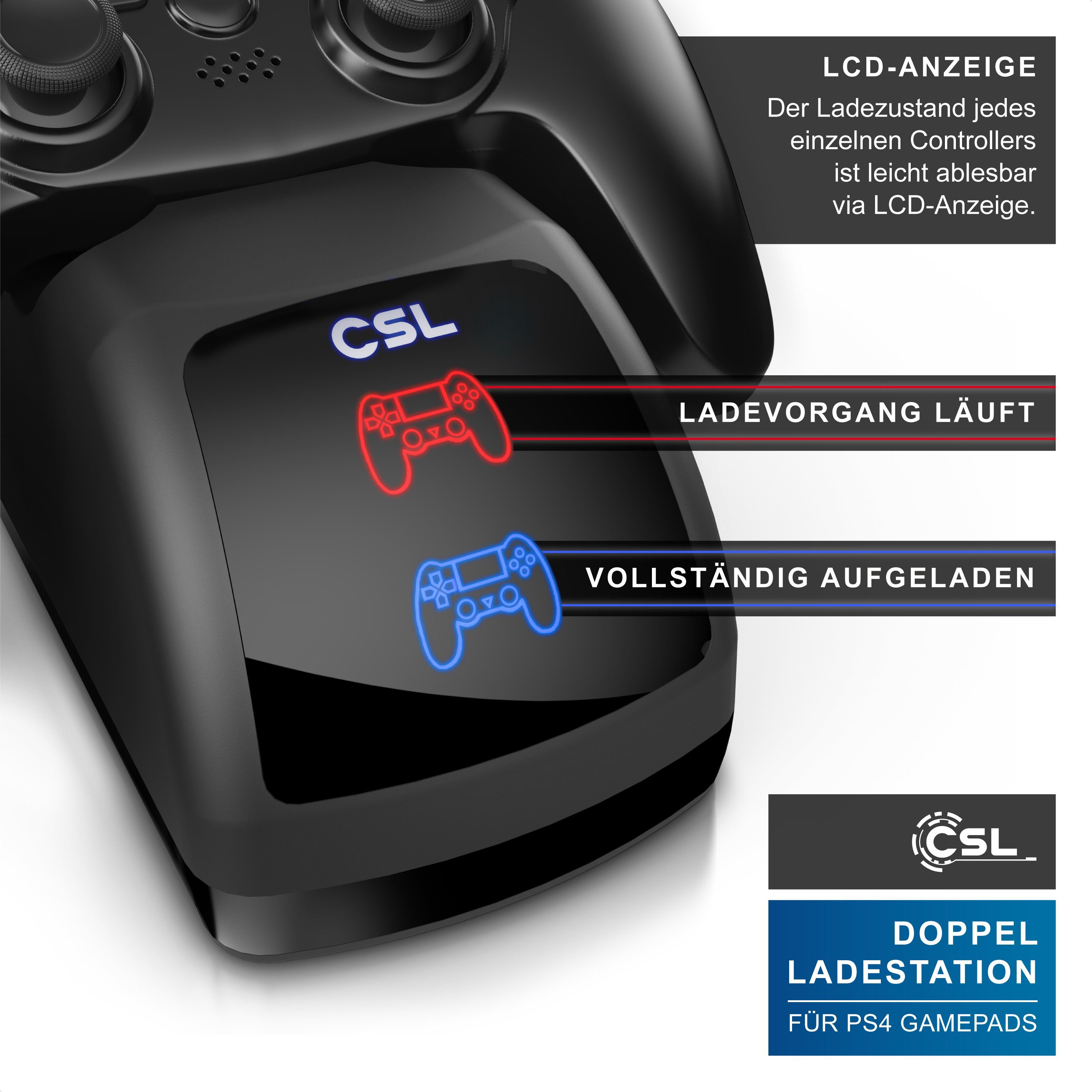 CSL Dual Ladegerät für 2x PS4 Gamepads - PS4 Controller Stand Charger Controller-Ladestation (800 mA, lädt 2 Controller gleichzeitig, ordentlich verstaut) – Bild 4 von 5
