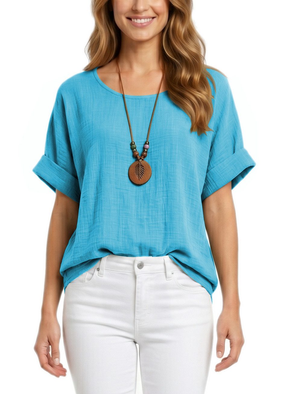 Kurzarmbluse Damen Kurzarm Bluse Leichte Sommer Tunika Baumwollbluse Oberteil