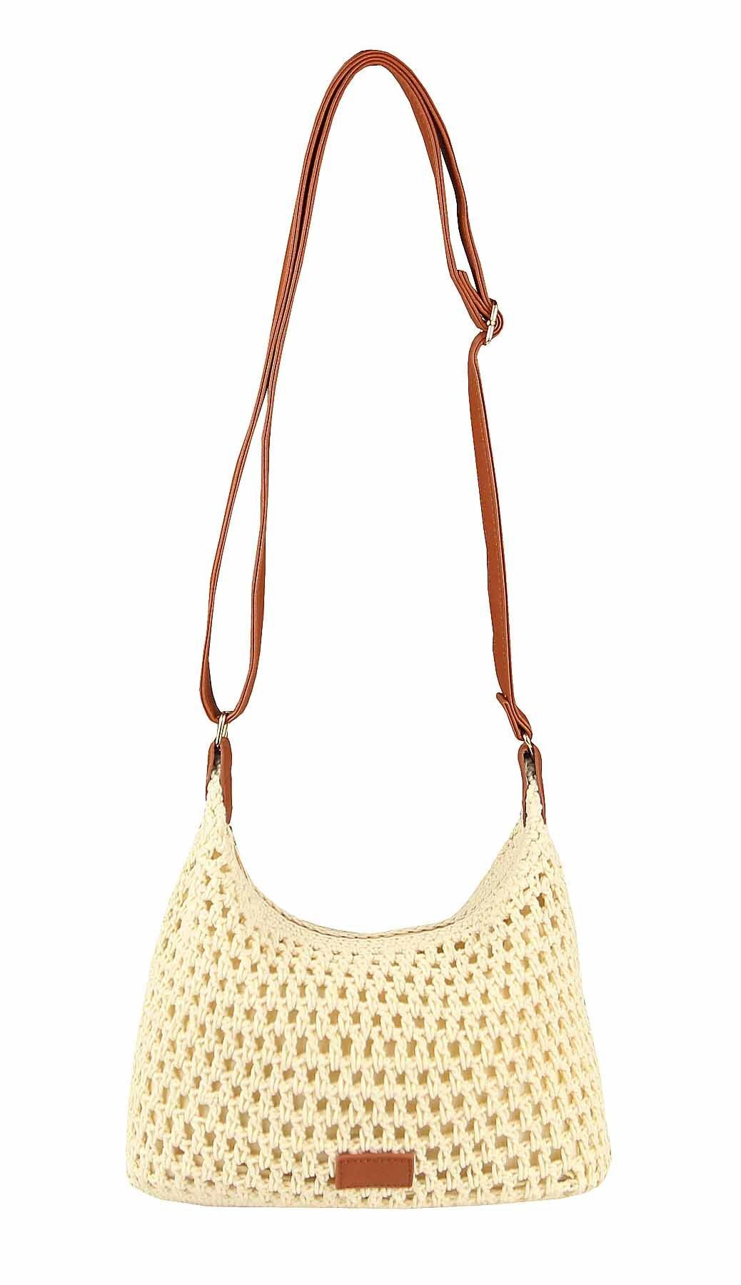 ITALYSHOP24 Schultertasche DAMEN TASCHE Häkeltasche Crossbody Shopper Boho Geflecht Freizeit, Umhängetasche Bodybag Sommer Basttasche Strand Reise Stroh Mini Bag