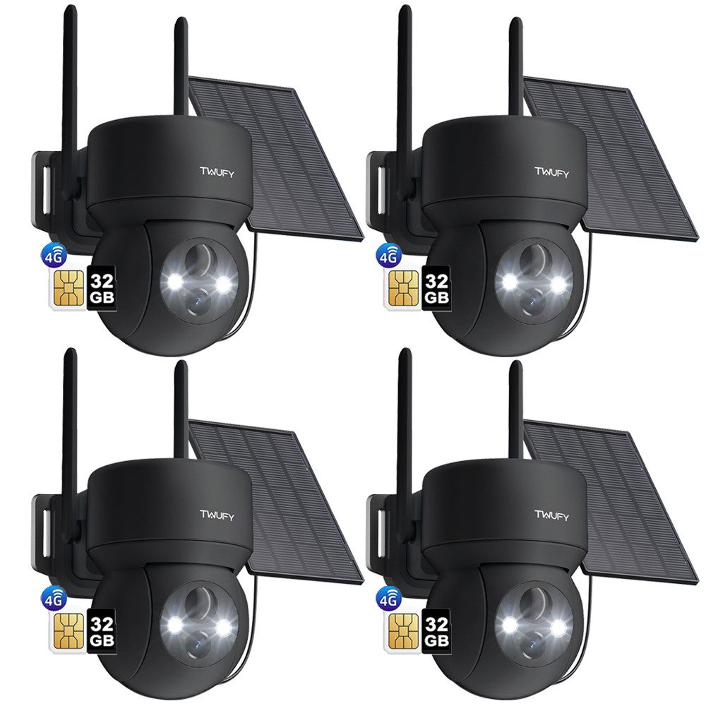 ZREE Überwachungskamera 4 Stück 4G LTE Überwachungskamera Aussen mit SIM Karte & 32GB karte (Aussen, Außenbereich, Wald, Farm, Campingbus, Straße, Kabellos Solar PTZ IP Kamera Outdoor mit 2K Farb-Nachtsicht, 355°/90° Schwenkbar Ohne WLAN PIR Erkennung 2-Wege-Audio, 4-fachen digitalen Zoom IP66 Wasserdicht 360° Outdoor Kamera)
