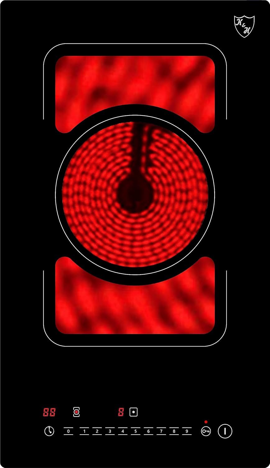 K&H Elektro-Kochfeld K&H Domino 1 Zonen Glaskeramikkochfeld 30cm Doppelbrenner Autark Eingebaut VCS-3003, Topferkennung, Ein/Aus Schalter, Timer, Restwärmeanzeige