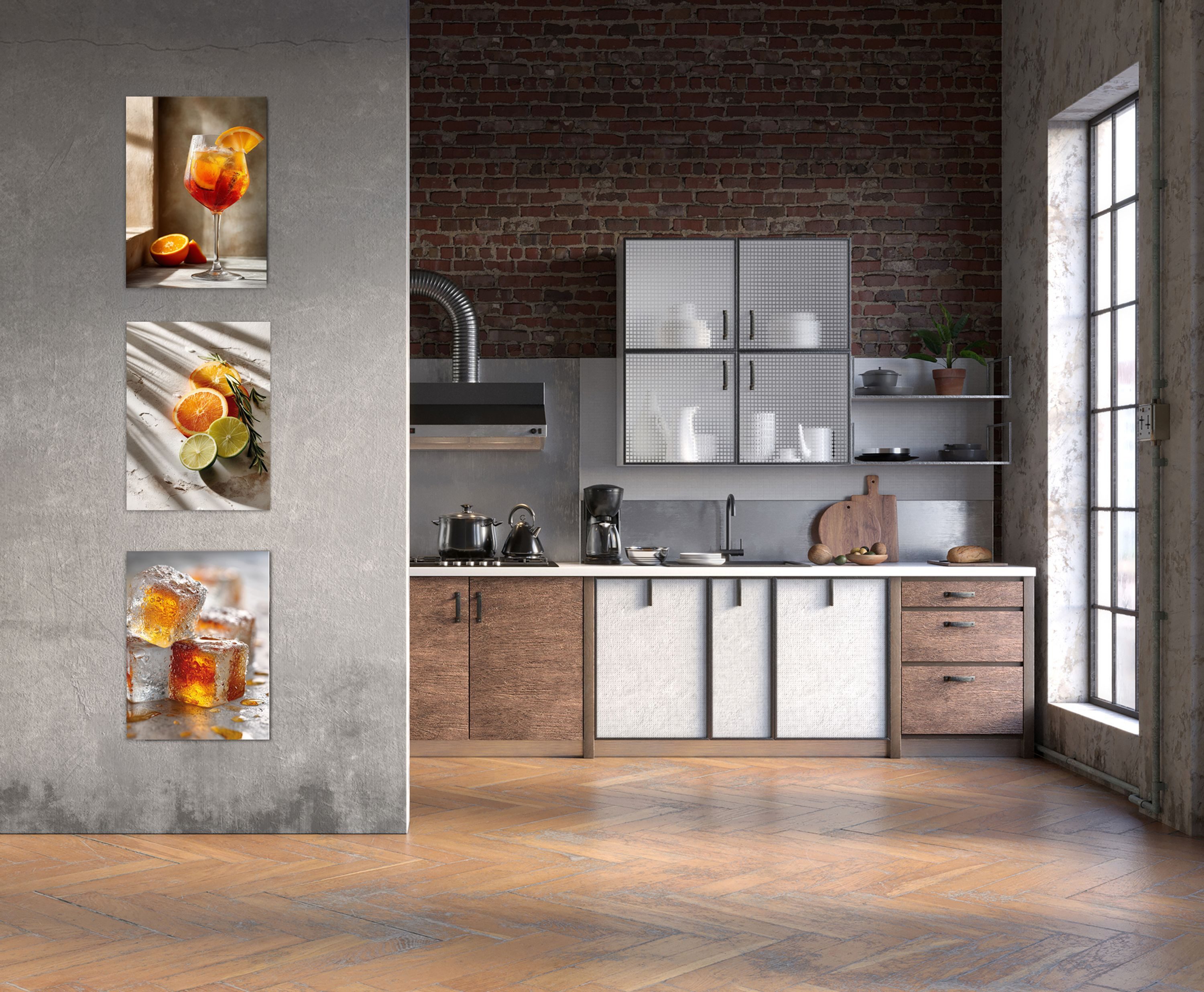 artissimo Mehrteilige Bilder Wandbilder-Set 3er-Set Küche / moderne Küchendeko / Esszimmer, Stillleben: Cocktail Aperol Spritz in orange beige