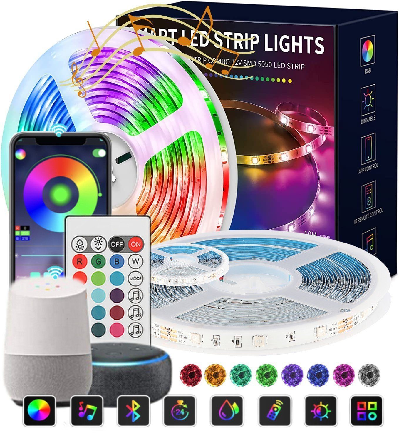 LETGOSPT LED Stripe Led Strip 5m 10m, RGB Led Streifen mit Fernbedienung und App, 5050 Bluetooth, App-Steuerung, Dimmbar, Musik Sync, Timer-Einstellung Mit Fernbedienung(WIFI)